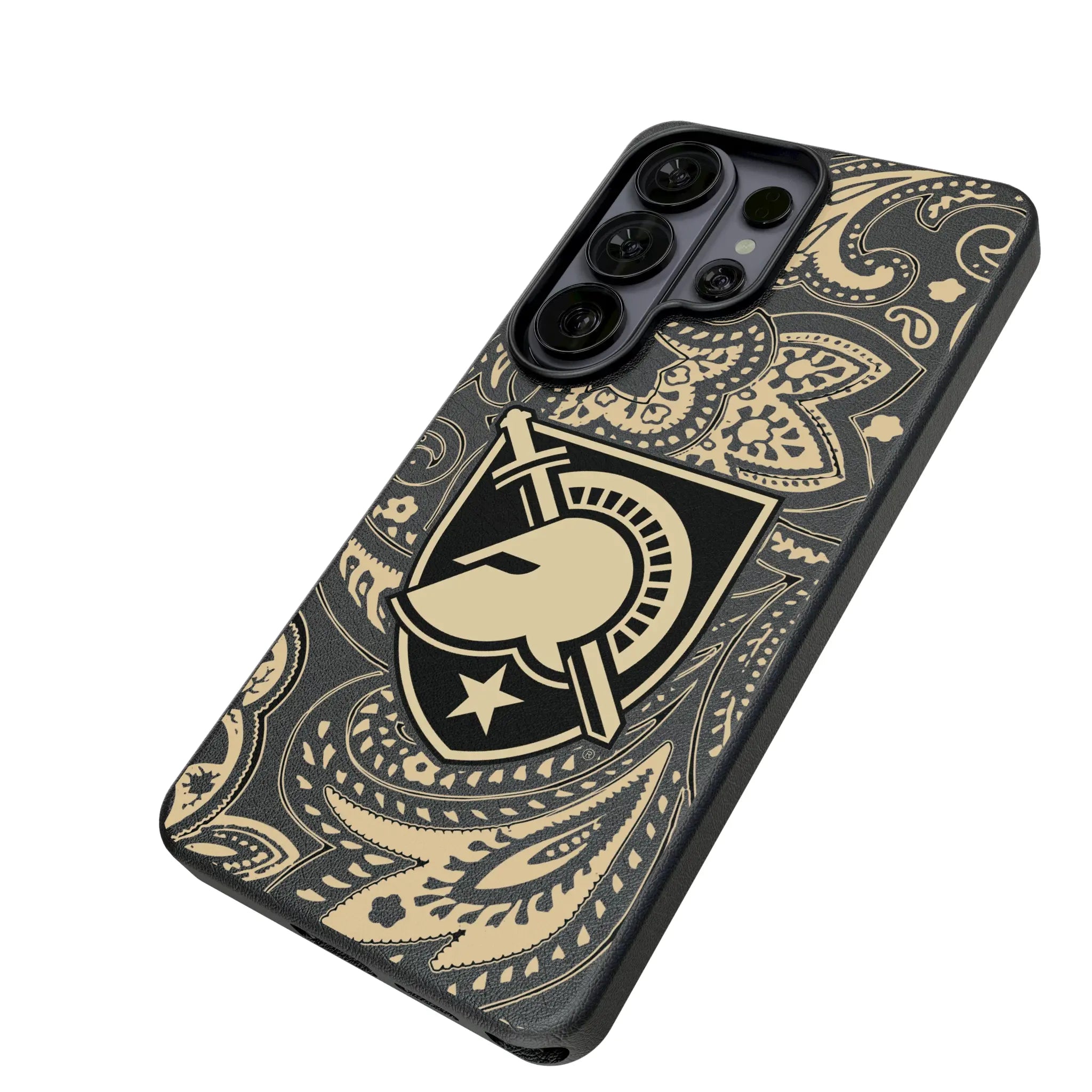 United States Military Academy Black Knights Paisley Galaxy MagSafe Compatible Phone Case for Samsung Galaxy - Isometric View#Device_Galaxy S26 Ultra