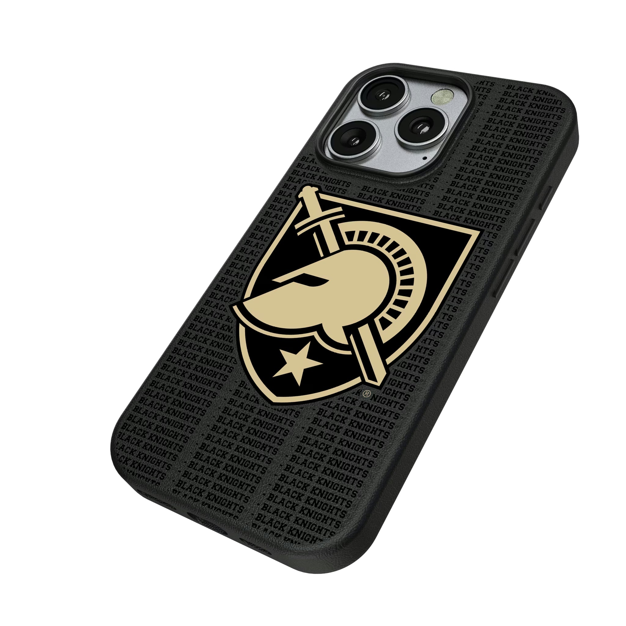United States Military Academy Black Knights Text Backdrop iPhone MagSafe Compatible Phone Case for Apple iPhone - Isometric View