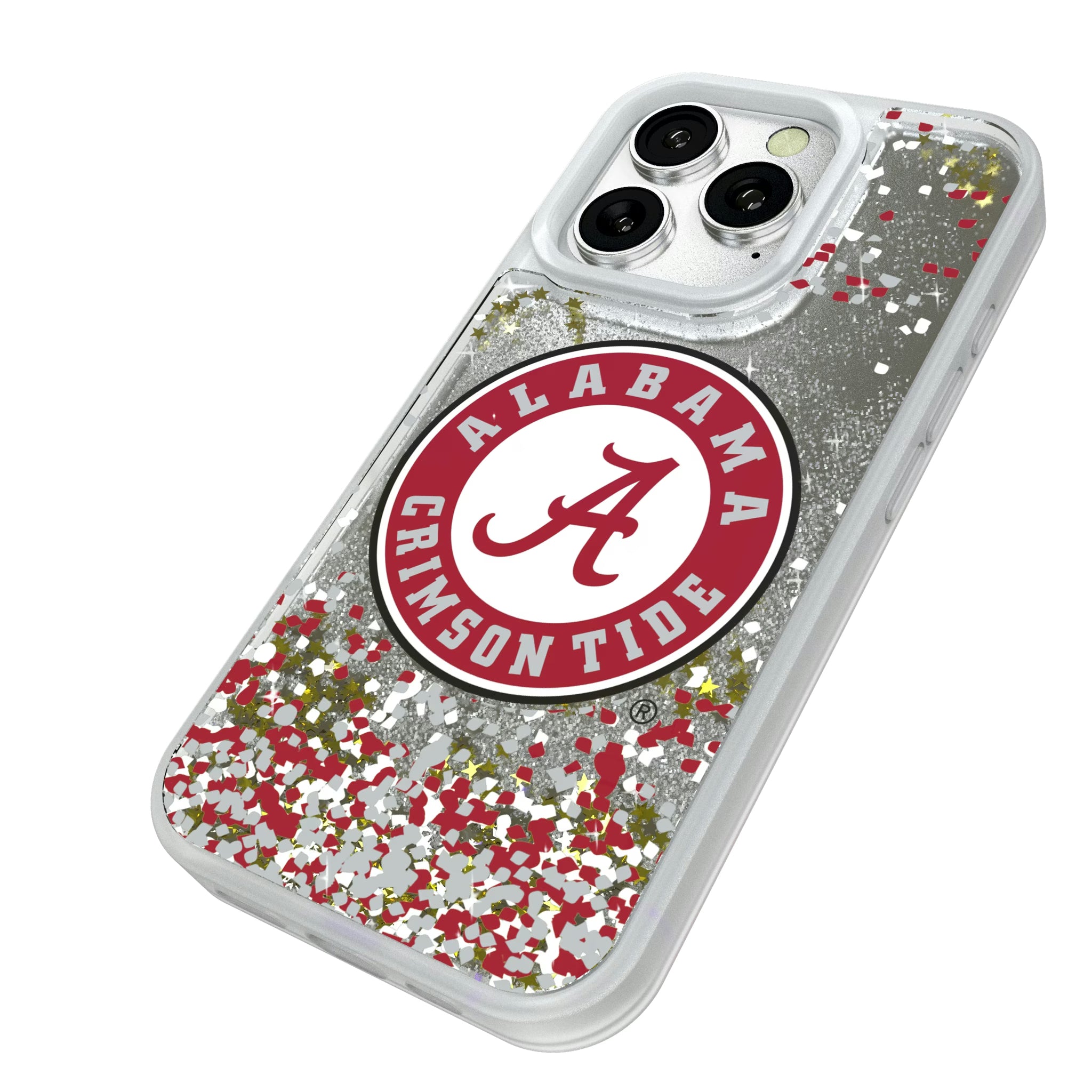 University of Alabama Crimson Tide Confetti iPhone Glitter Phone Case for Apple iPhone - Isometric View#Device_iPhone 16 Pro