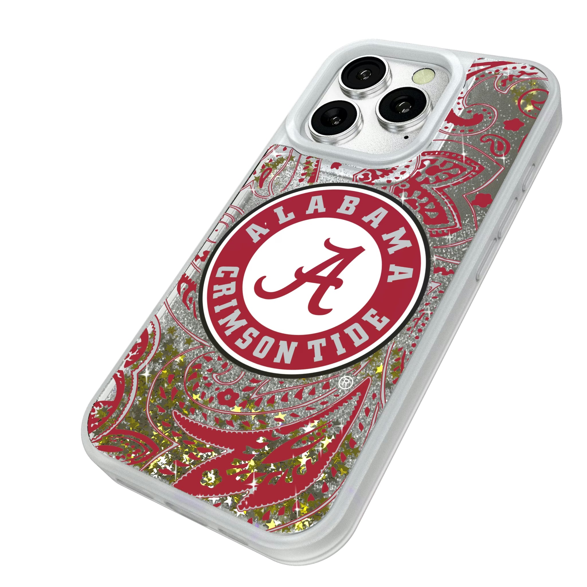University of Alabama Crimson Tide Paisley iPhone Glitter Phone Case for Apple iPhone - Isometric View#Device_iPhone 16 Pro