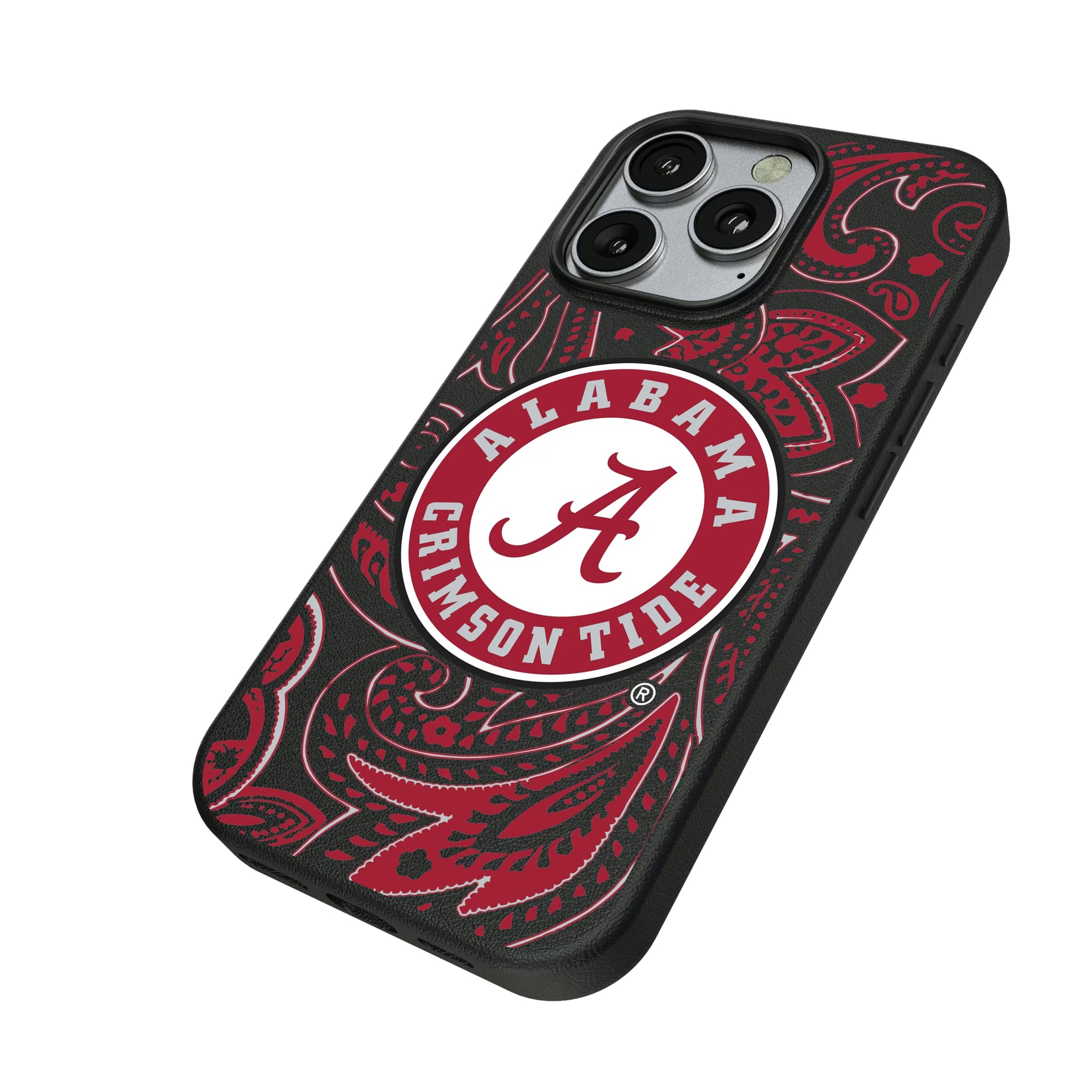 University of Alabama Crimson Tide Paisley iPhone MagSafe Compatible Phone Case for Apple iPhone - Isometric View