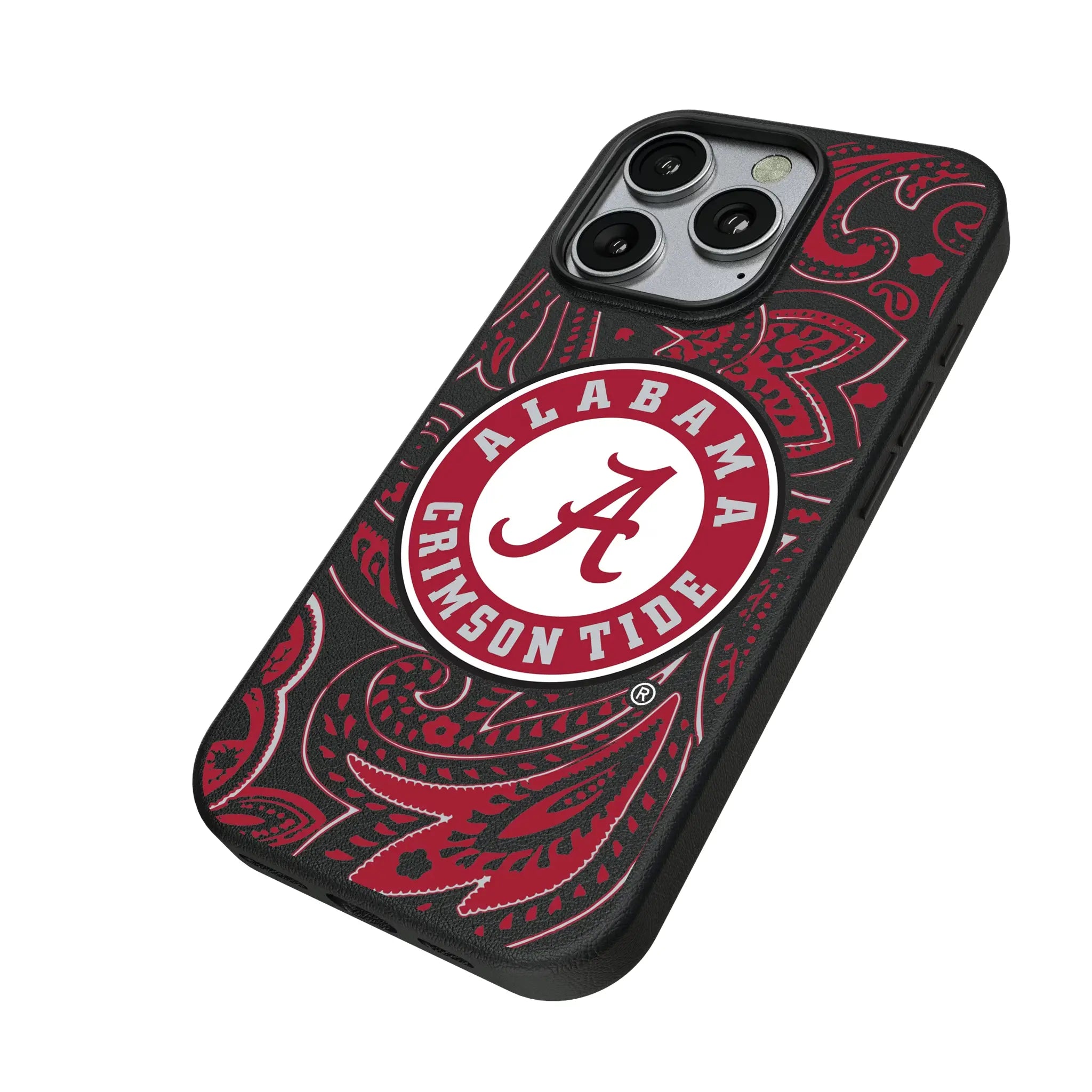 University of Alabama Crimson Tide Paisley iPhone MagSafe Compatible Phone Case for Apple iPhone - Isometric View