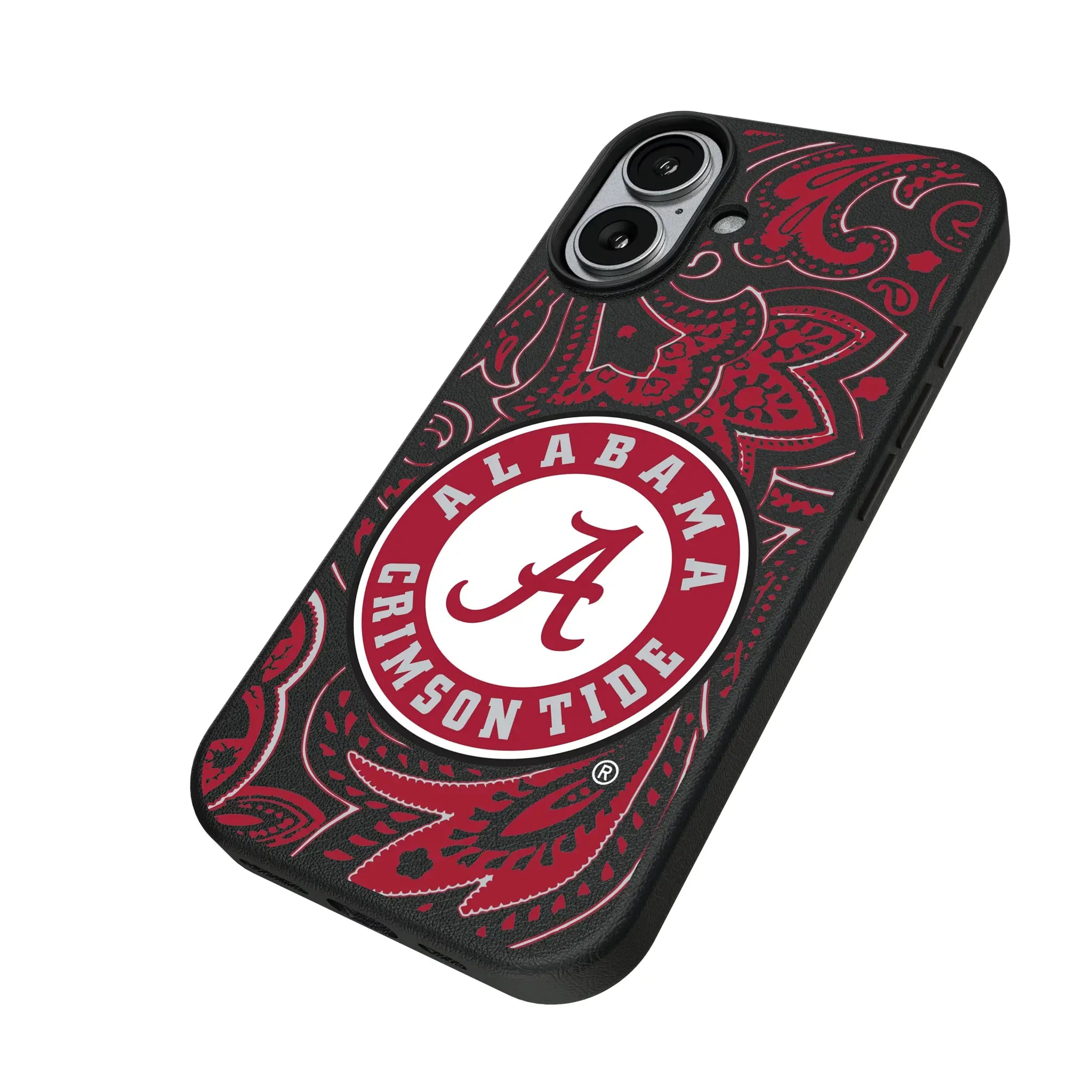 University of Alabama Crimson Tide Paisley iPhone MagSafe Compatible Phone Case for Apple iPhone - Isometric View#Device_iPhone 17