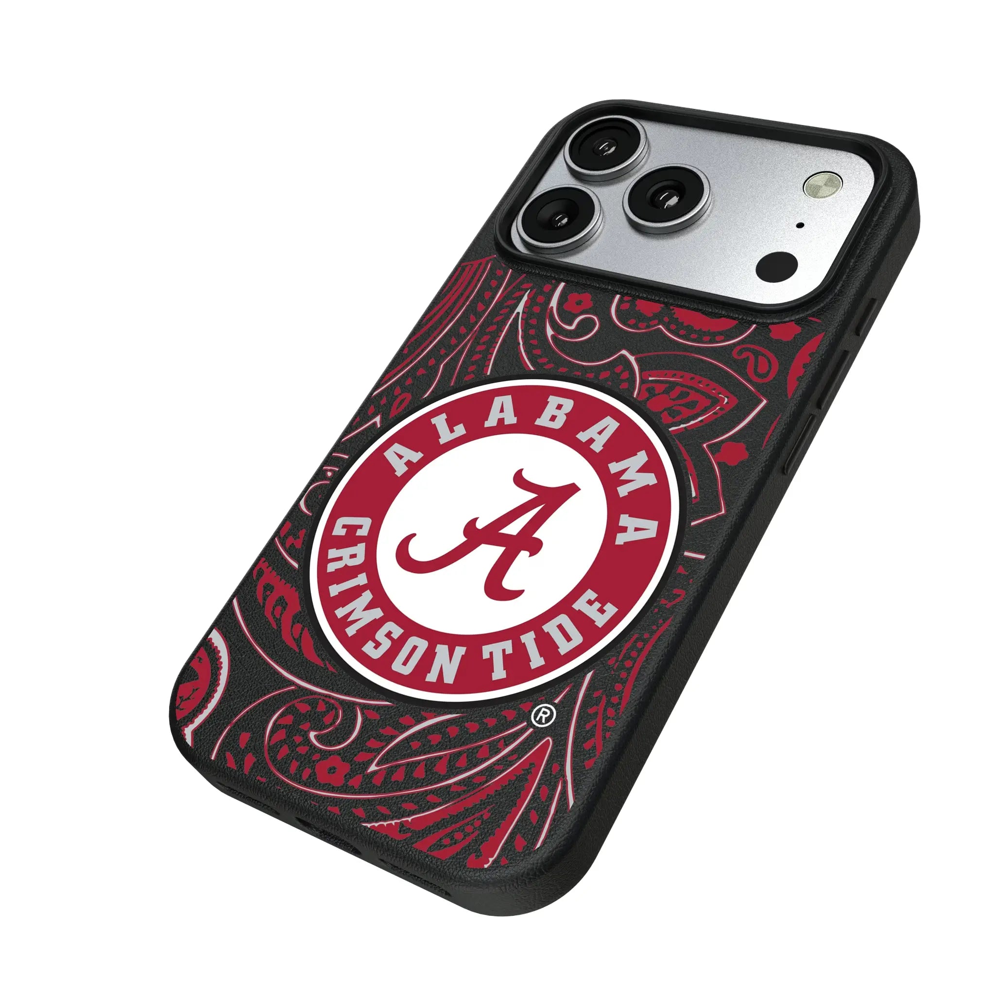 University of Alabama Crimson Tide Paisley iPhone MagSafe Compatible Phone Case for Apple iPhone - Isometric View#Device_iPhone 17 Pro