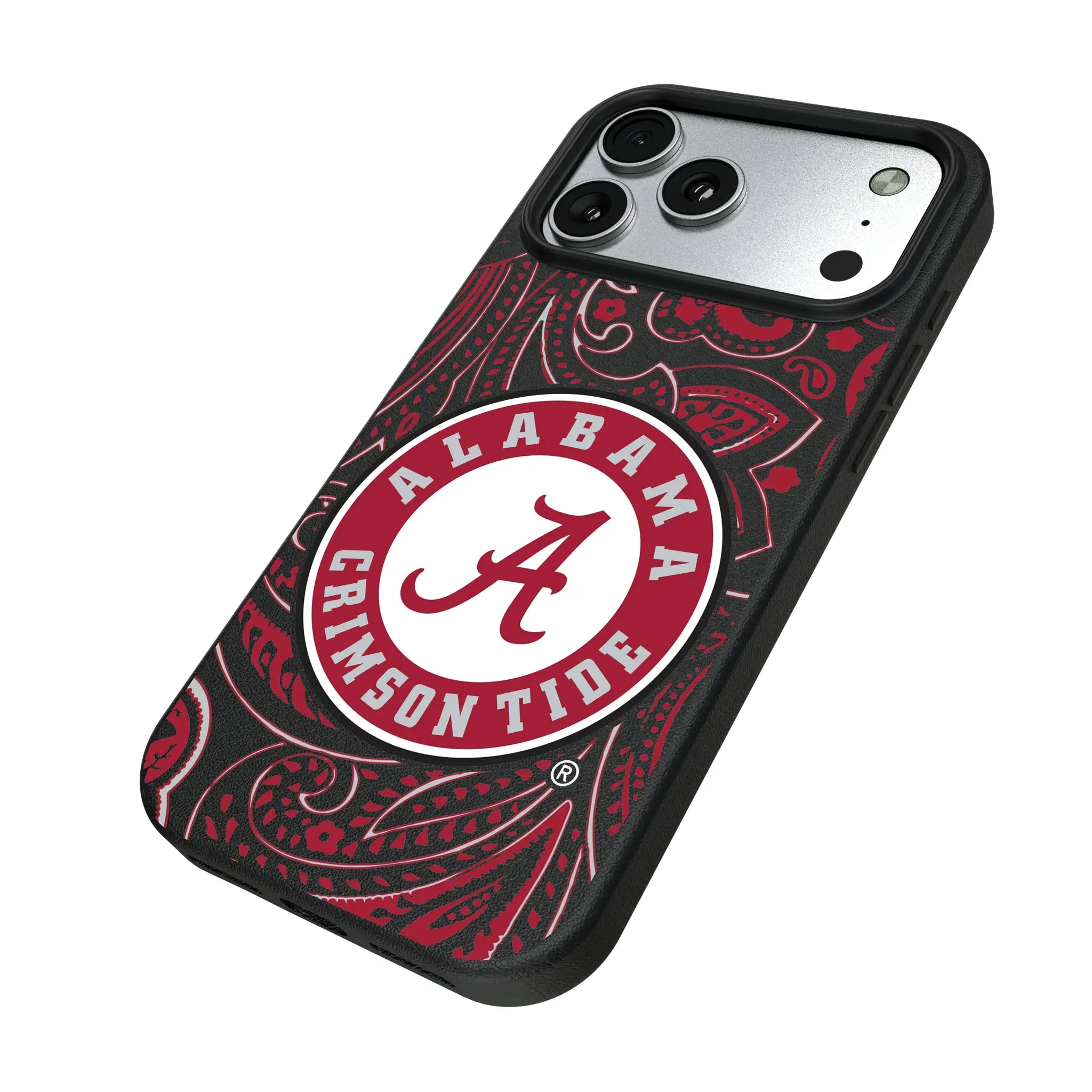 University of Alabama Crimson Tide Paisley iPhone MagSafe Compatible Phone Case for Apple iPhone - Isometric View#Device_iPhone 17 Pro Max
