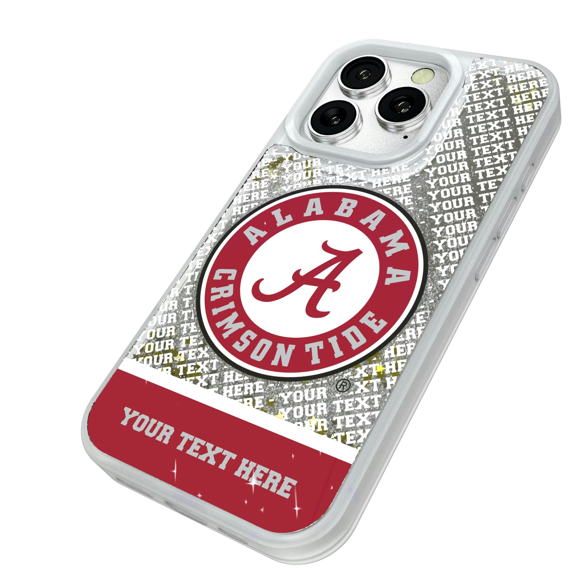 University of Alabama Crimson Tide Personalized EndZone Plus iPhone Glitter Phone Case for Apple iPhone - Isometric View#Device_iPhone 16 Pro