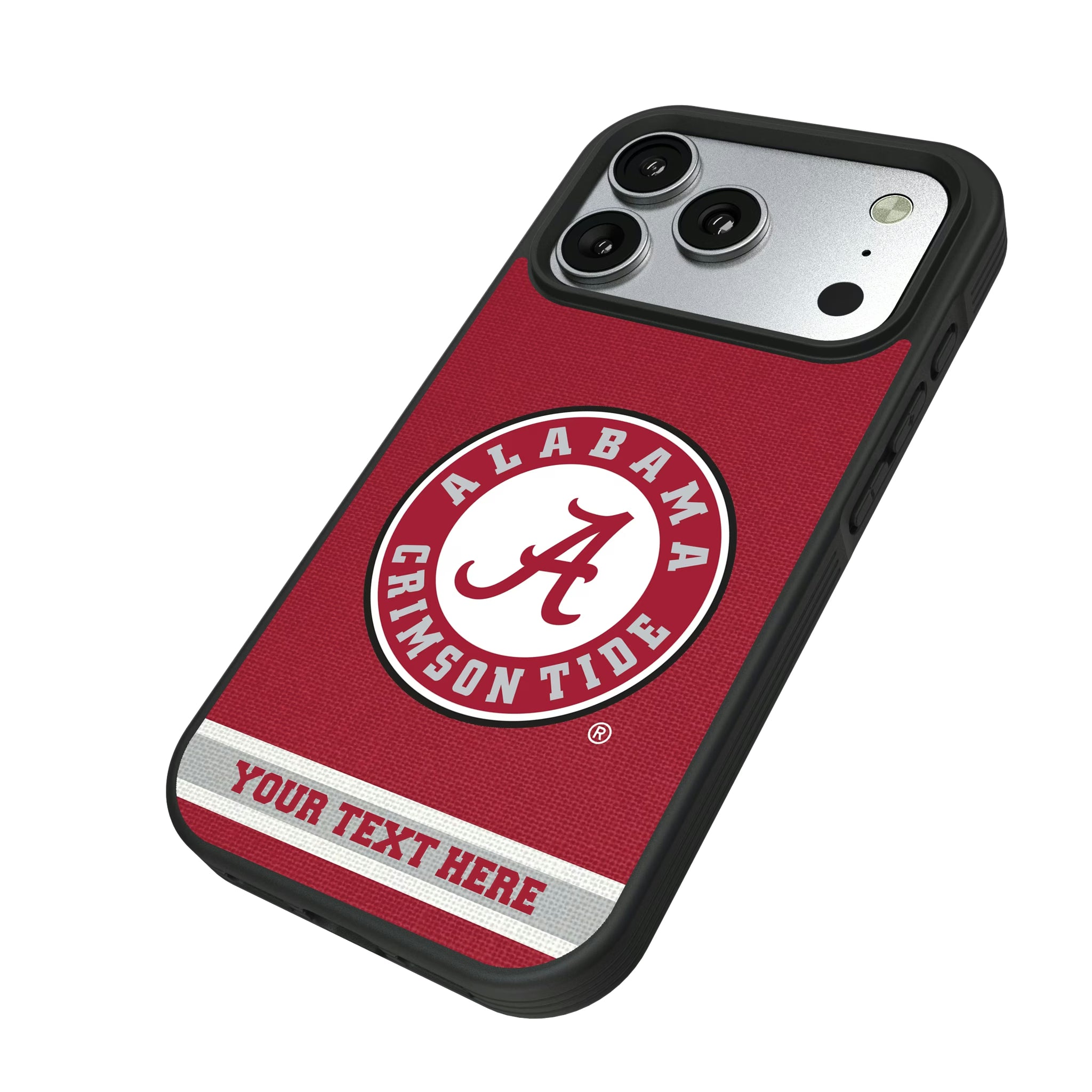 University of Alabama Crimson Tide Personalized Stripe iPhone Bump Phone Case for Apple iPhone - Isometric View#Device_iPhone 17 Pro