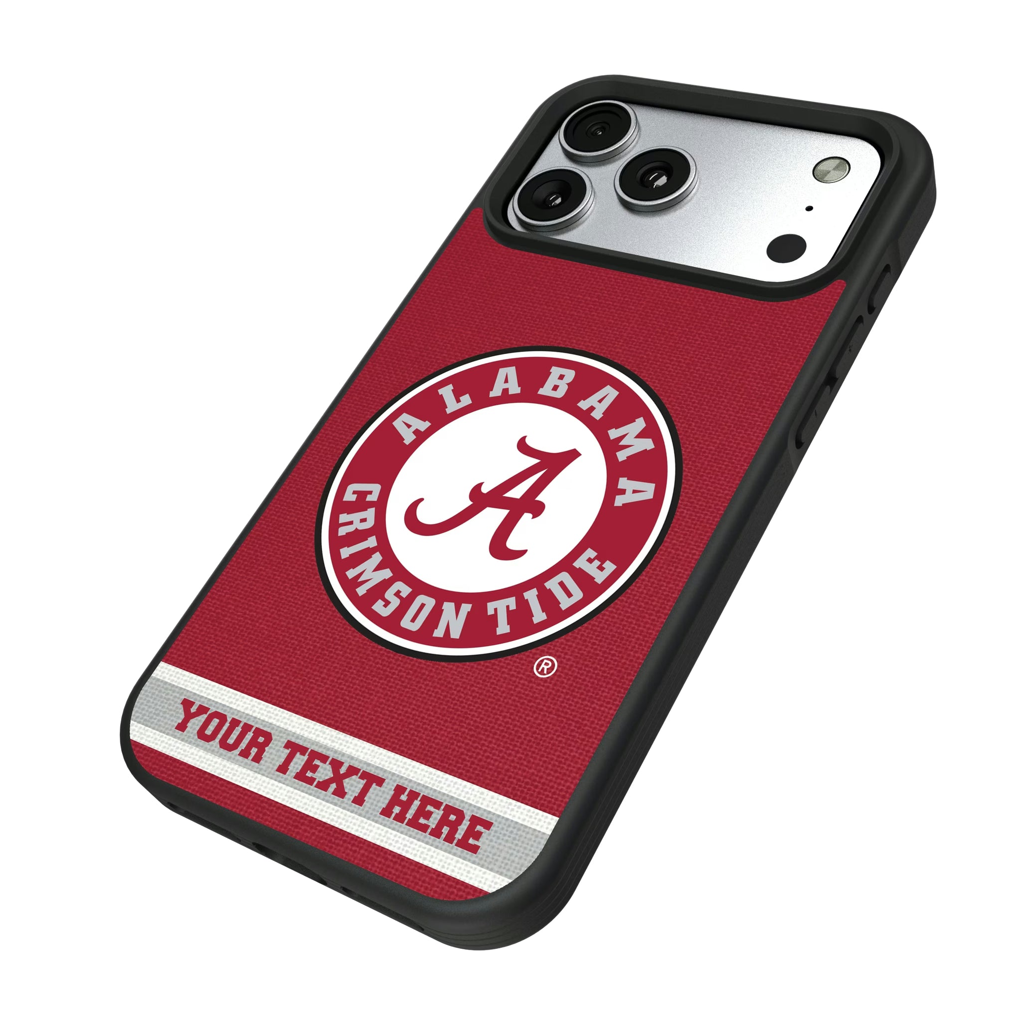 University of Alabama Crimson Tide Personalized Stripe iPhone Bump Phone Case for Apple iPhone - Isometric View#Device_iPhone 17 Pro Max