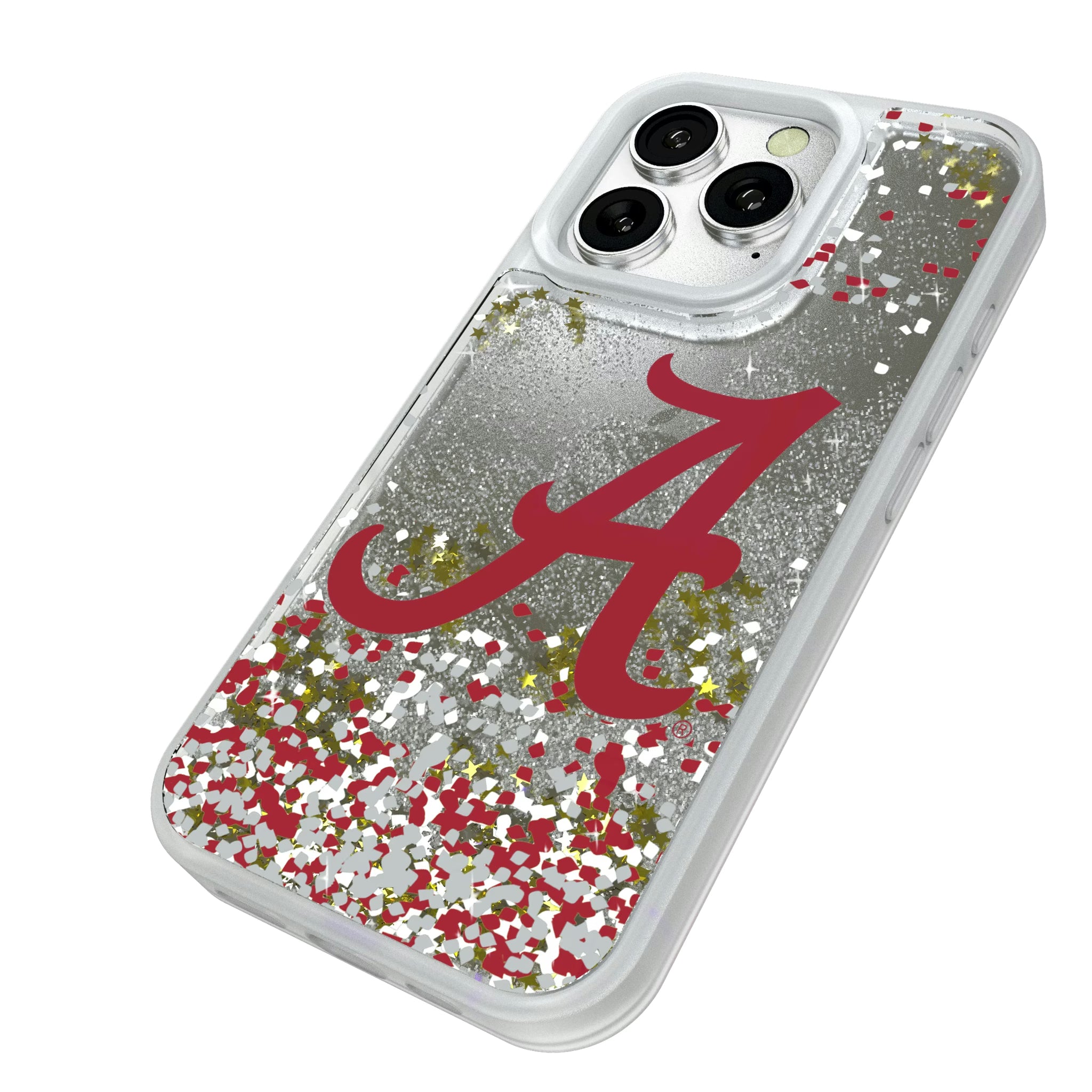 University of Alabama Crimson Tide Script A Confetti iPhone Glitter Phone Case for Apple iPhone - Isometric View#Device_iPhone 16 Pro