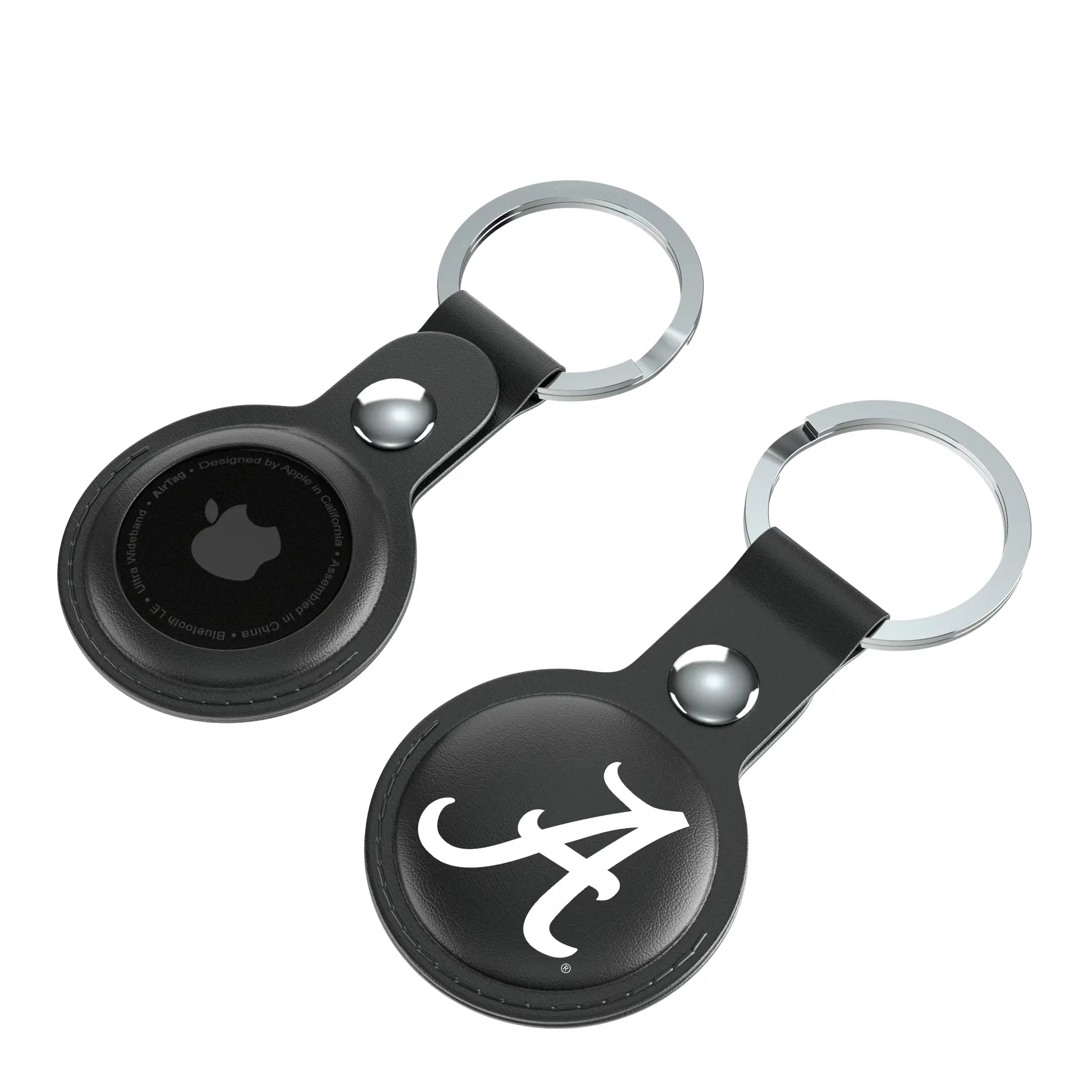 University of Alabama Crimson Tide Script A Insignia AirTag Black Airtag Holder 2-Pack - Isometric View