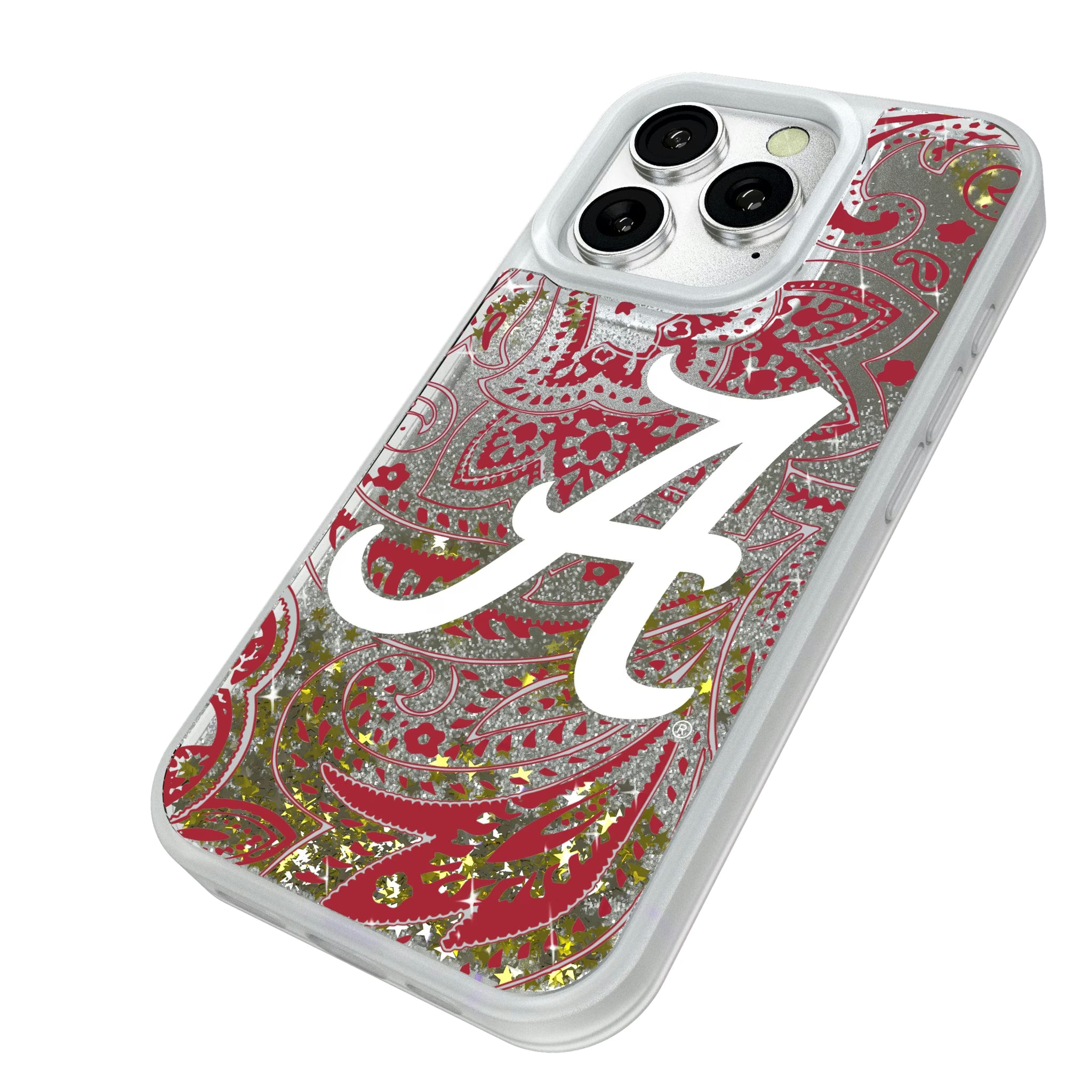 University of Alabama Crimson Tide Script A Paisley iPhone Glitter Phone Case for Apple iPhone - Isometric View#Device_iPhone 16 Pro