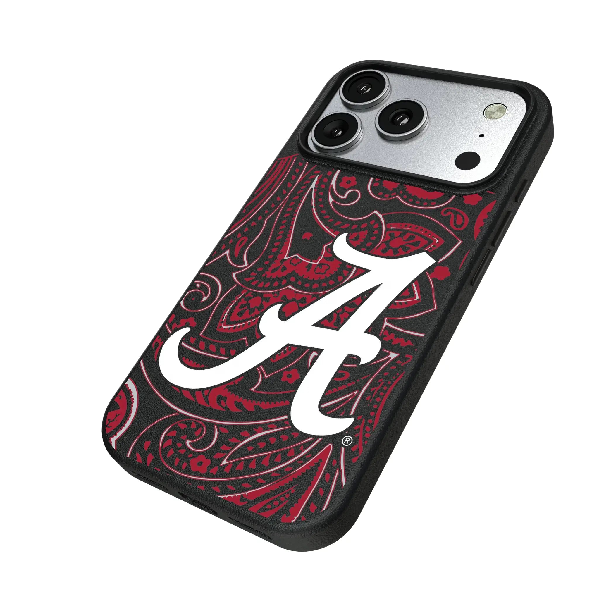 University of Alabama Crimson Tide Script A Paisley iPhone MagSafe Compatible Phone Case for Apple iPhone - Isometric View#Device_iPhone 17 Pro