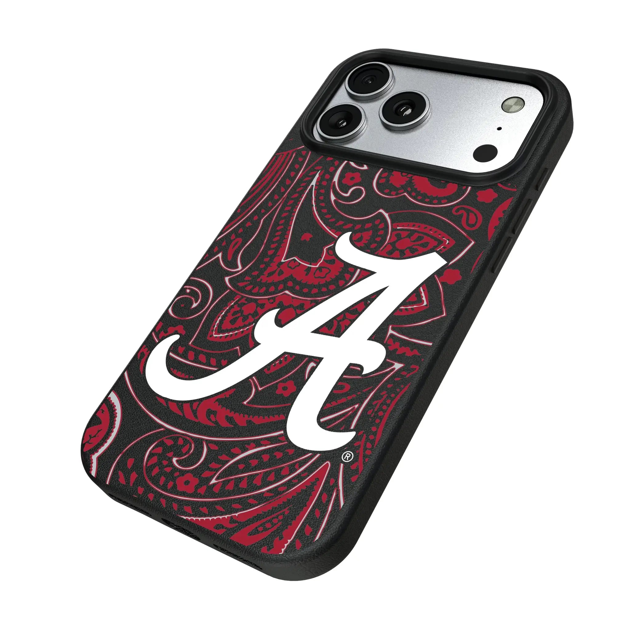 University of Alabama Crimson Tide Script A Paisley iPhone MagSafe Compatible Phone Case for Apple iPhone - Isometric View#Device_iPhone 17 Pro Max