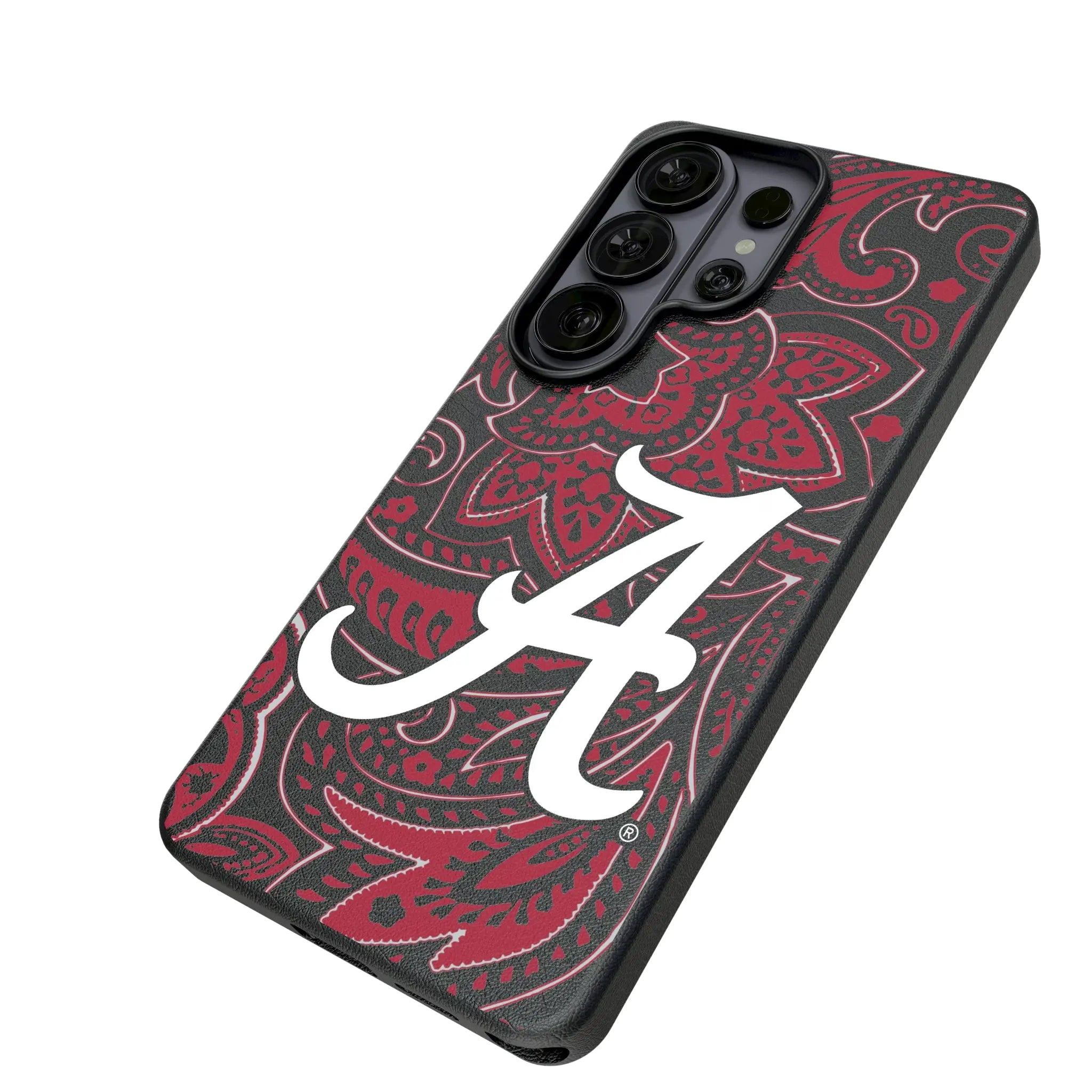University of Alabama Crimson Tide Script A Paisley Galaxy MagSafe Compatible Phone Case for Samsung Galaxy - Isometric View#Device_Galaxy S26 Ultra
