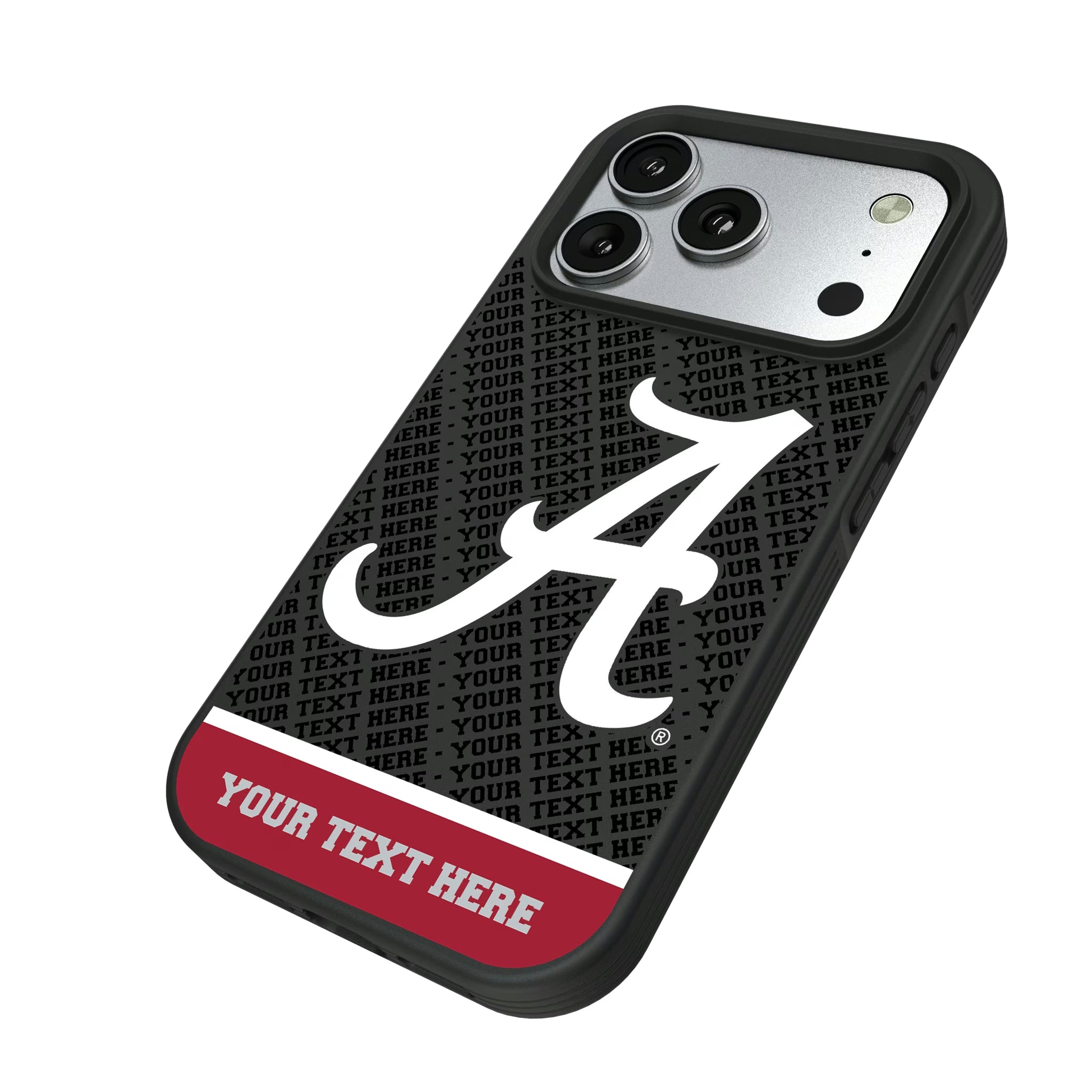 University of Alabama Crimson Tide Script A Personalized EndZone Plus iPhone Bump Phone Case for Apple iPhone - Isometric View#Device_iPhone 17 Pro