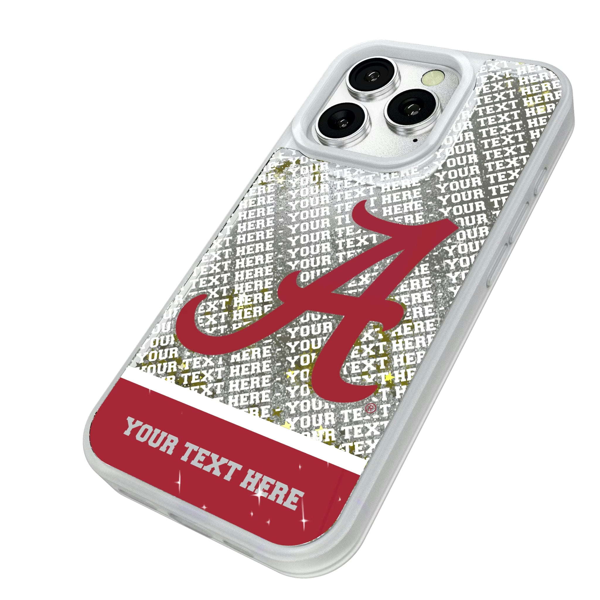 University of Alabama Crimson Tide Script A Personalized EndZone Plus iPhone Glitter Phone Case for Apple iPhone - Isometric View#Device_iPhone 16 Pro