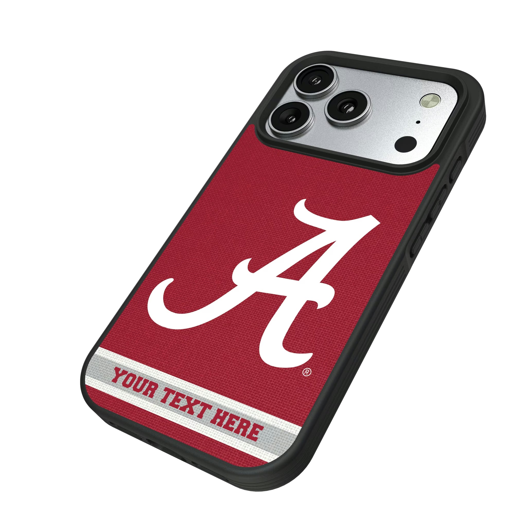 University of Alabama Crimson Tide Script A Personalized Stripe iPhone Bump Phone Case for Apple iPhone - Isometric View#Device_iPhone 17 Pro