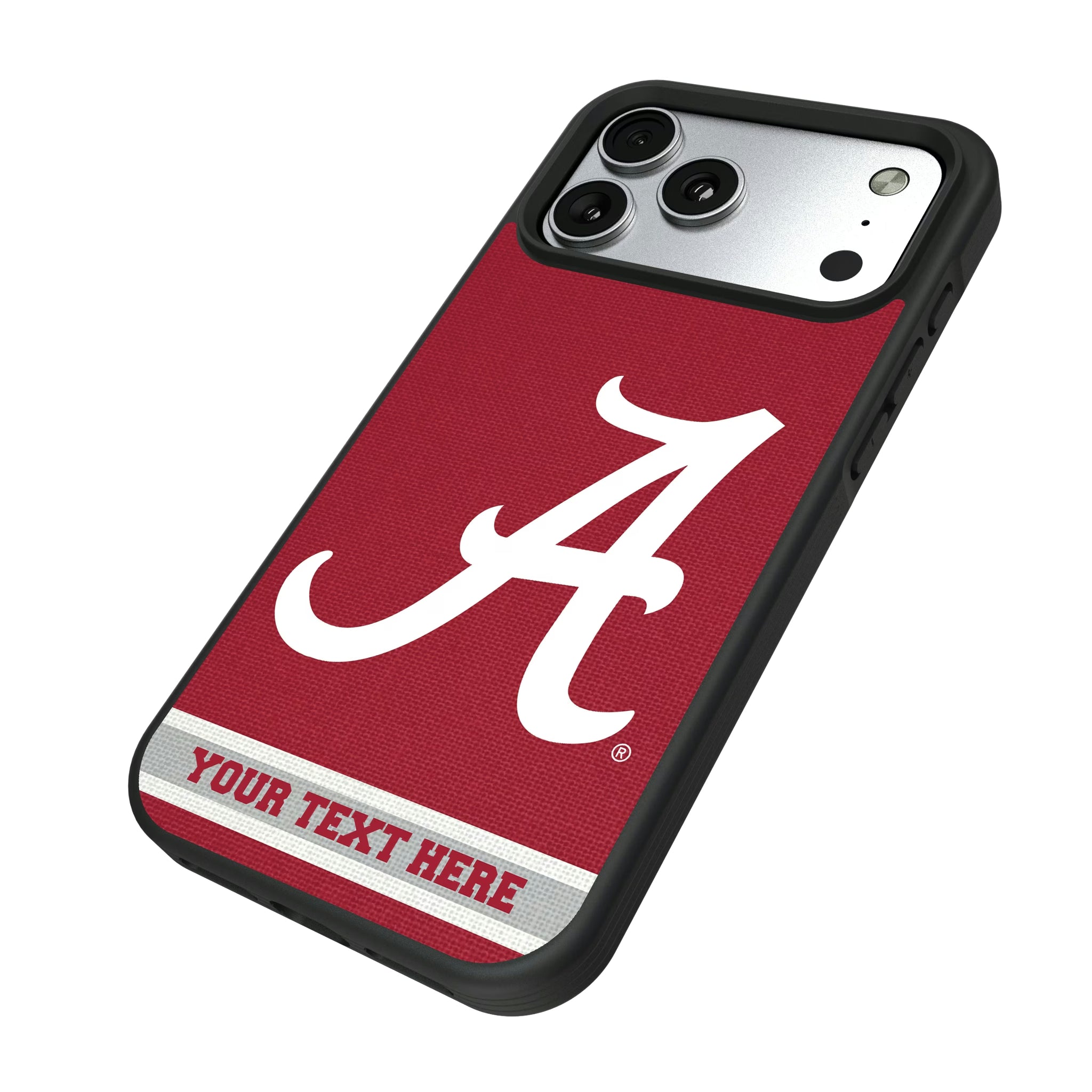 University of Alabama Crimson Tide Script A Personalized Stripe iPhone Bump Phone Case for Apple iPhone - Isometric View#Device_iPhone 17 Pro Max