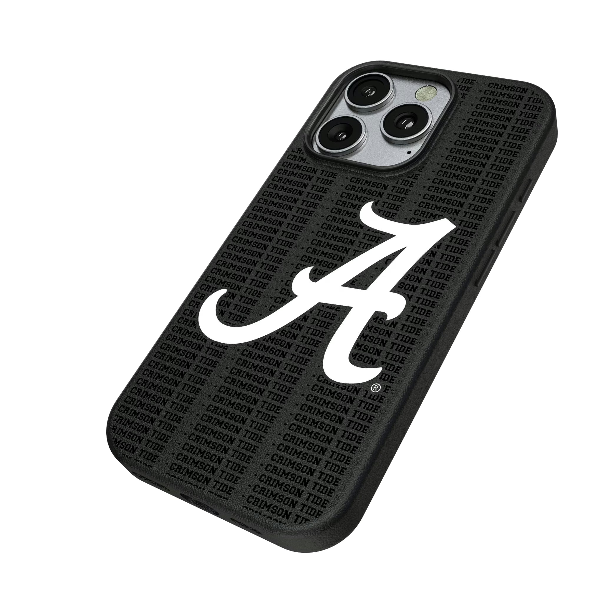 University of Alabama Crimson Tide Script A Text Backdrop iPhone MagSafe Compatible Phone Case for Apple iPhone - Isometric View
