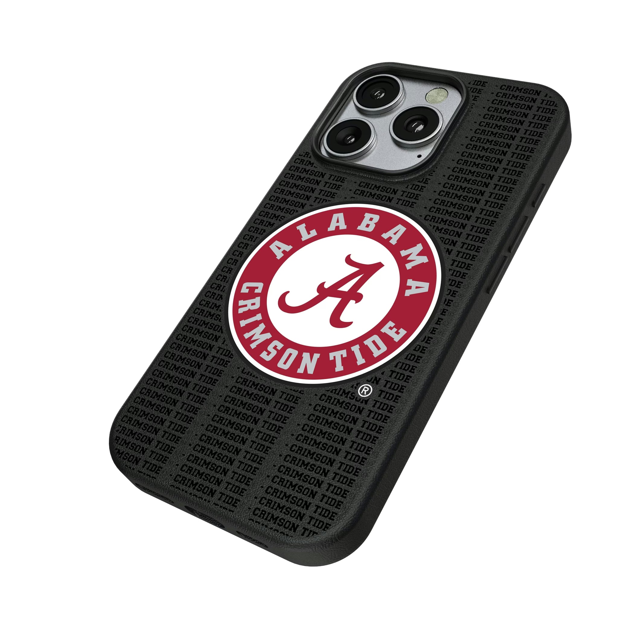 University of Alabama Crimson Tide Text Backdrop iPhone MagSafe Compatible Phone Case for Apple iPhone - Isometric View