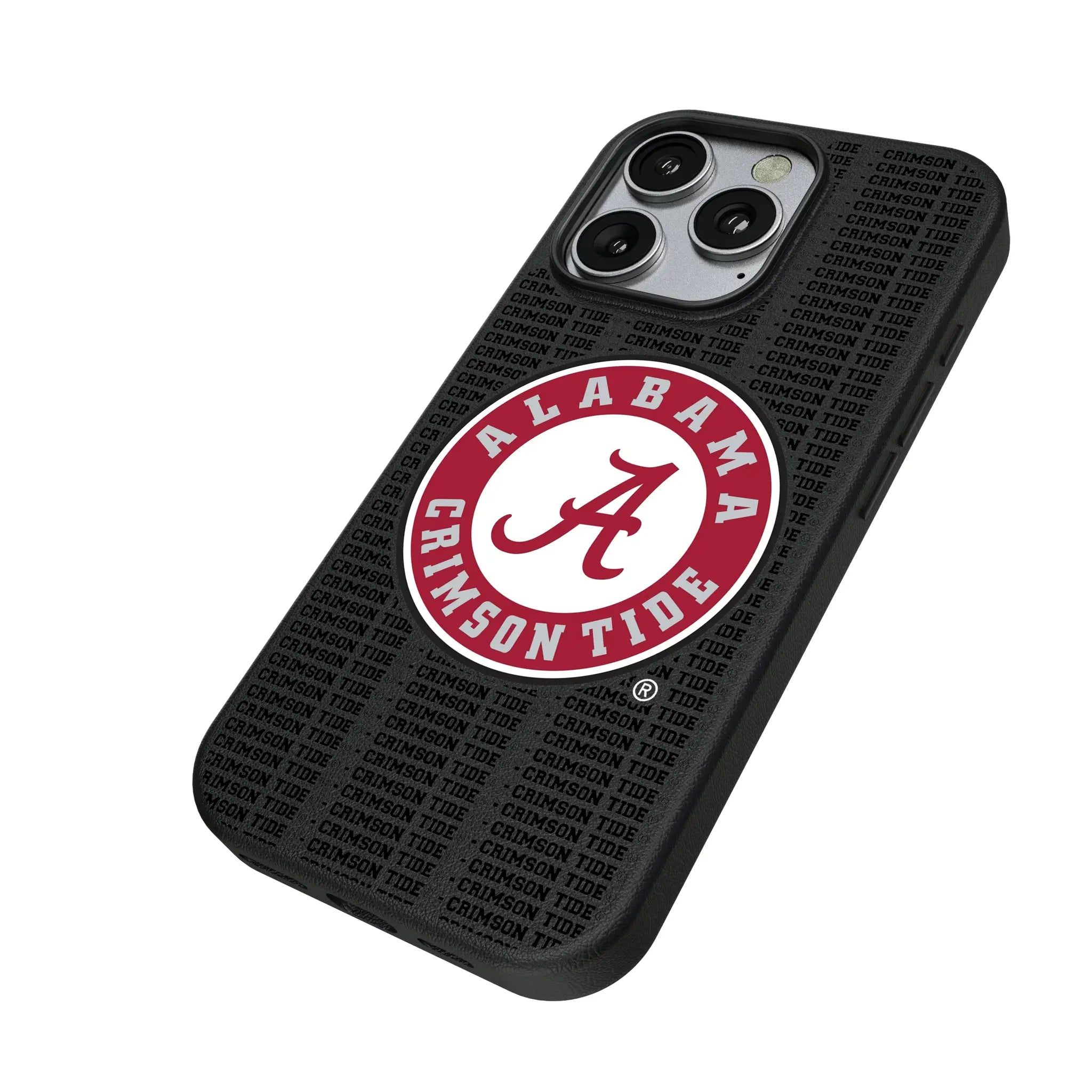 University of Alabama Crimson Tide Text Backdrop iPhone MagSafe Compatible Phone Case for Apple iPhone - Isometric View