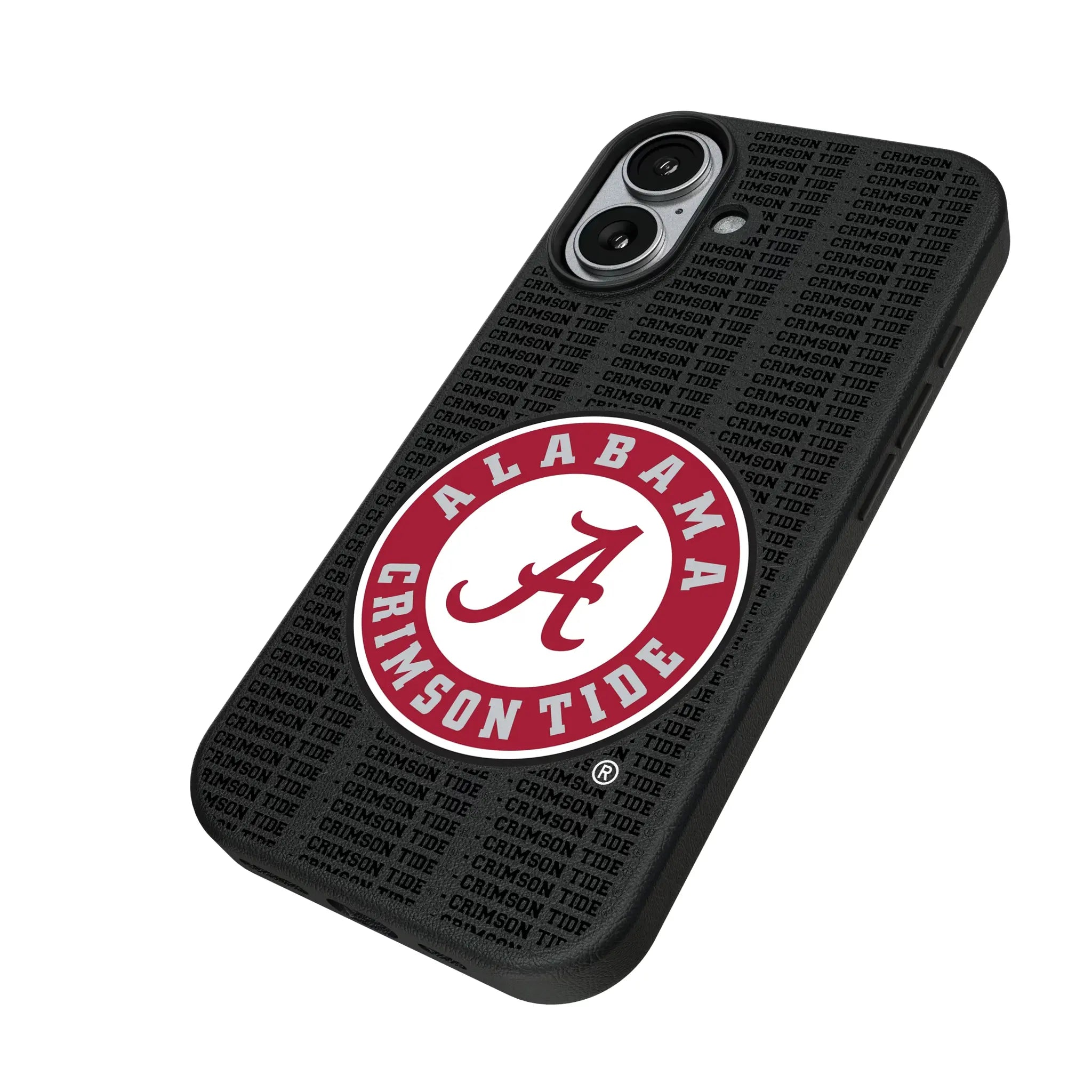 University of Alabama Crimson Tide Text Backdrop iPhone MagSafe Compatible Phone Case for Apple iPhone - Isometric View#Device_iPhone 17