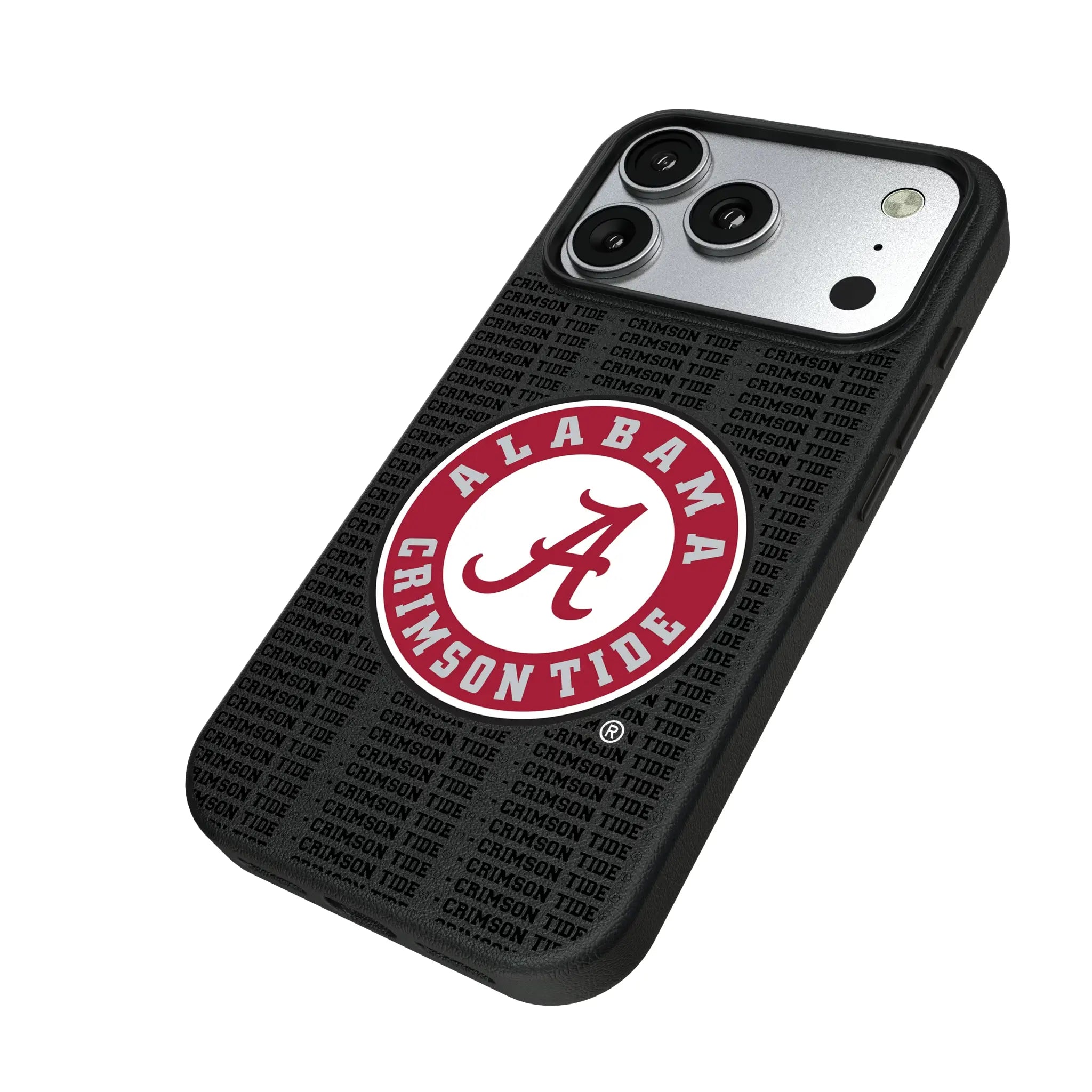 University of Alabama Crimson Tide Text Backdrop iPhone MagSafe Compatible Phone Case for Apple iPhone - Isometric View#Device_iPhone 17 Pro