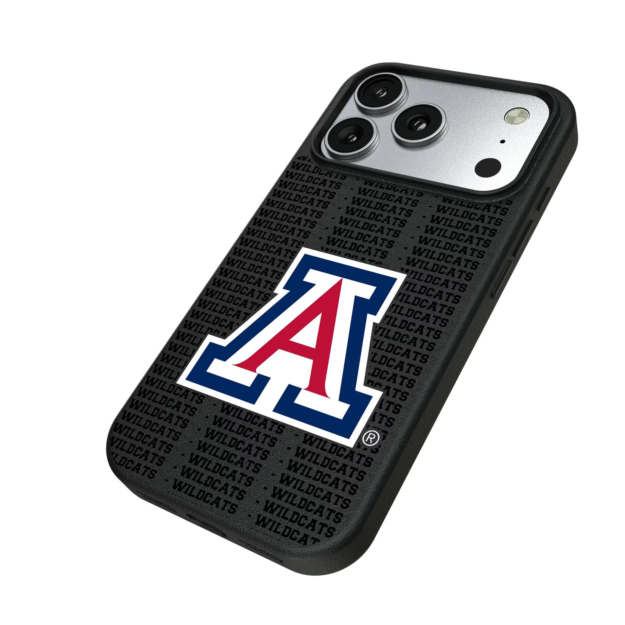 University of Arizona Wildcats Text Backdrop iPhone MagSafe Compatible Phone Case for Apple iPhone - Isometric View#Device_iPhone 17 Pro