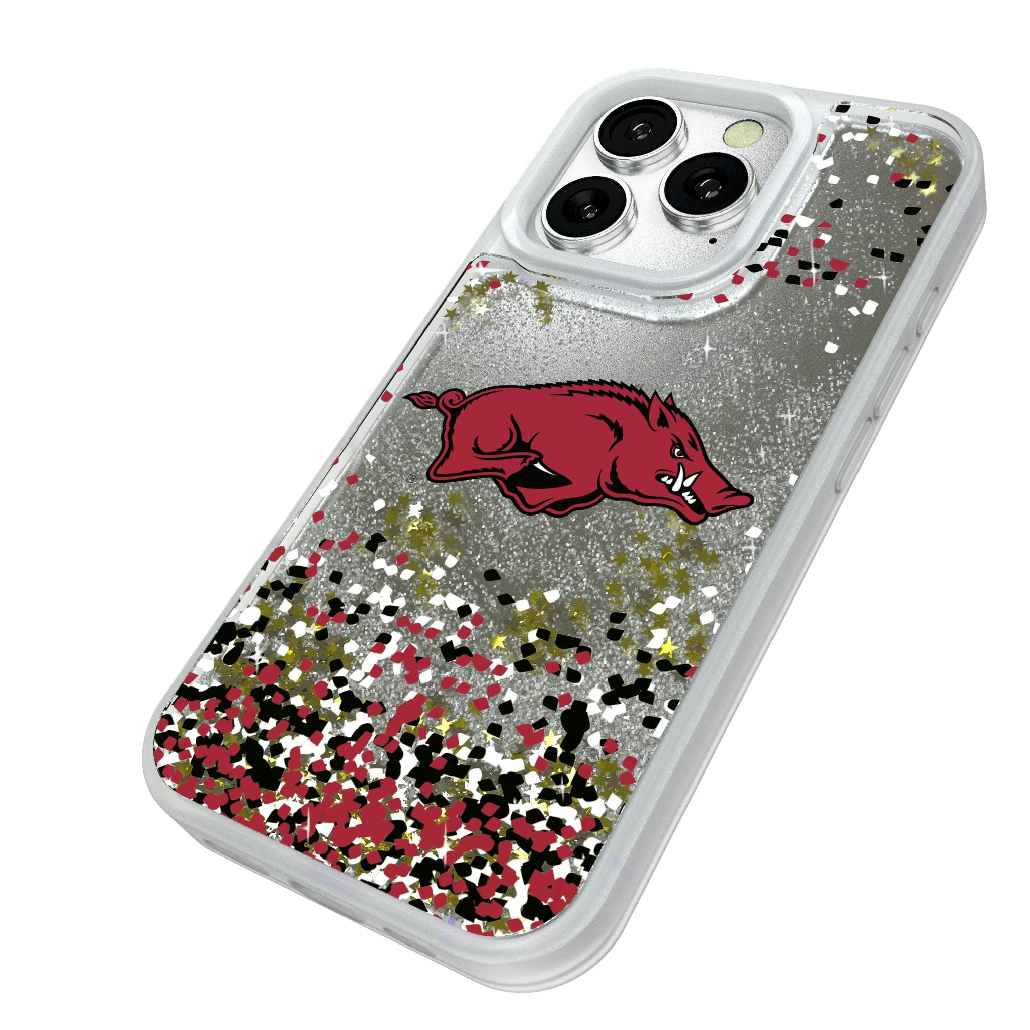 University of Arkansas Fayetteville Razorbacks Confetti iPhone Glitter Phone Case for Apple iPhone - Isometric View#Device_iPhone 16 Pro