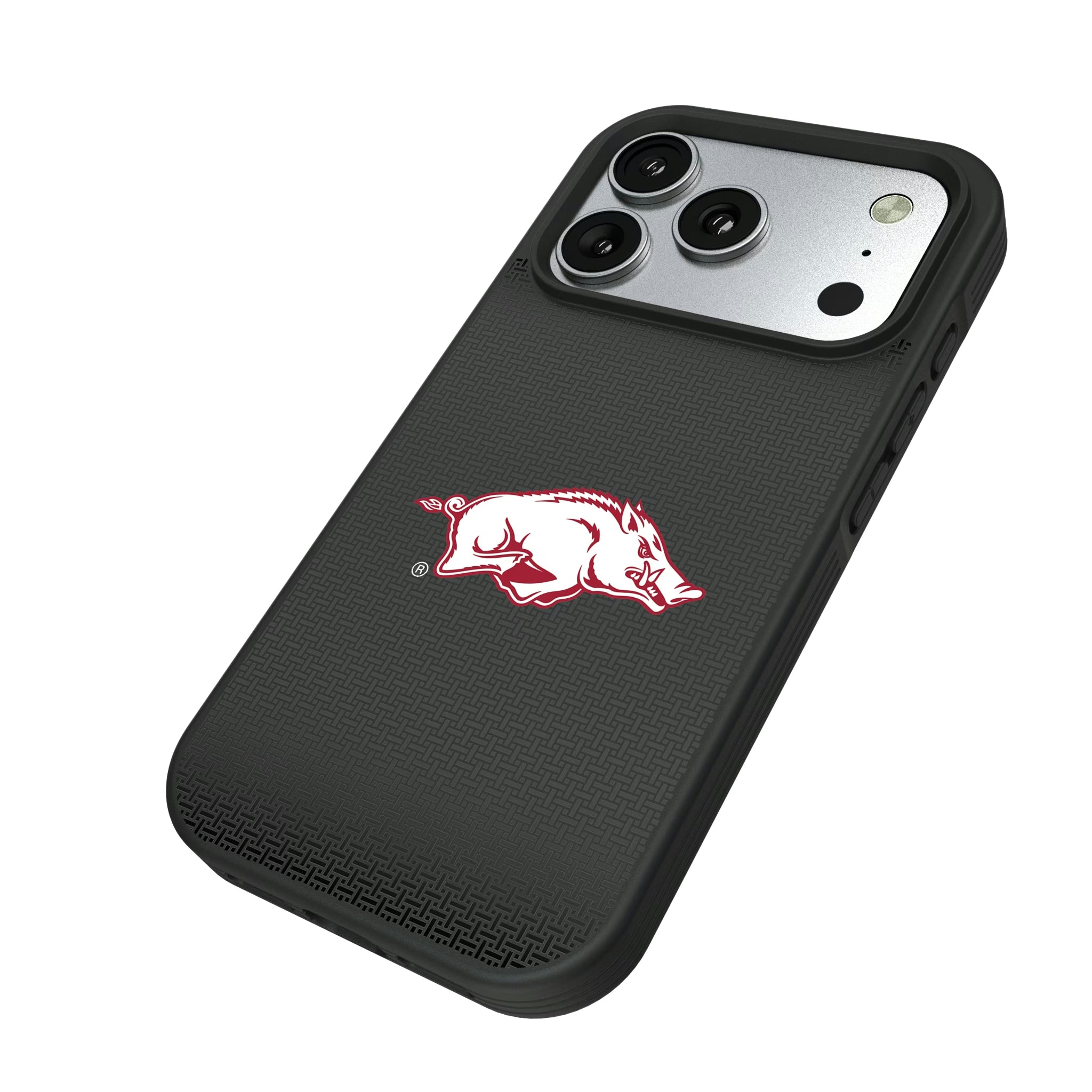 University of Arkansas Fayetteville Razorbacks Linen iPhone Bump Phone Case for Apple iPhone - Isometric View#Device_iPhone 17 Pro