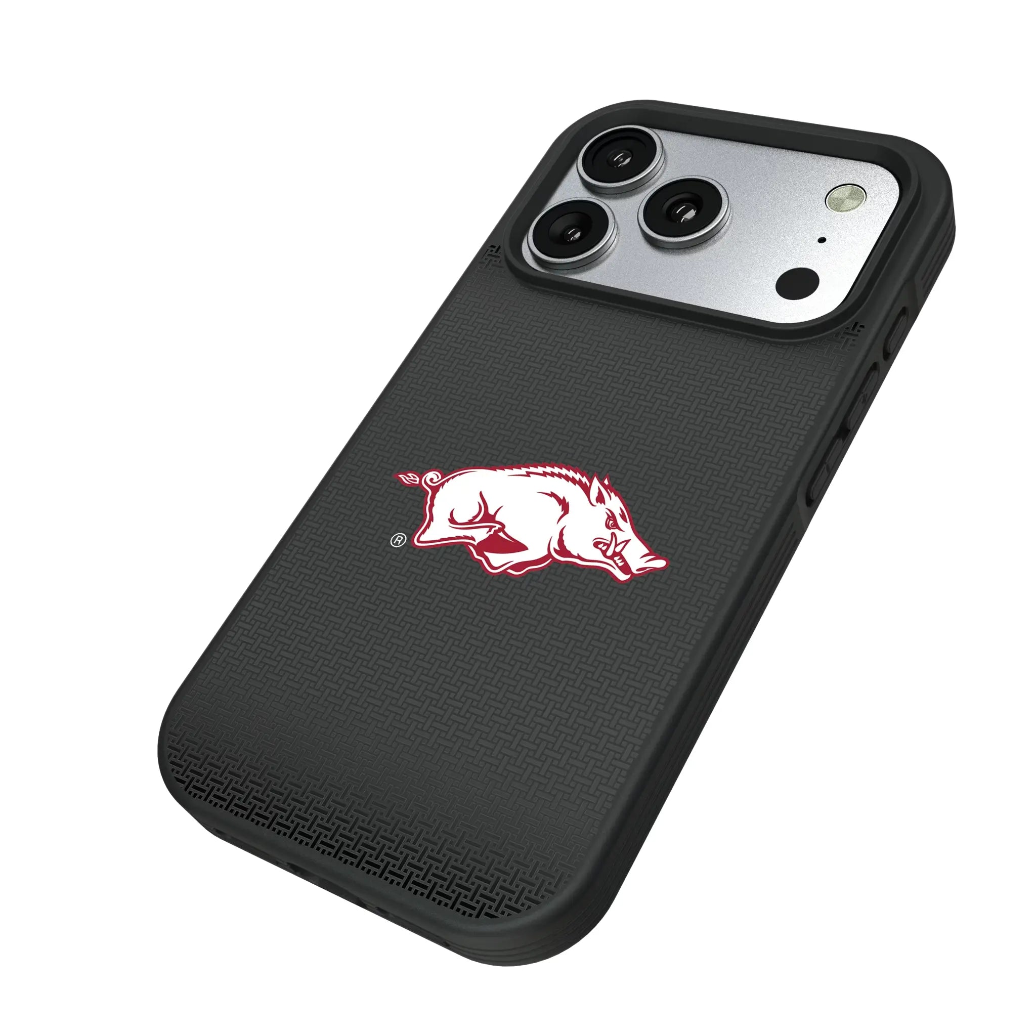 University of Arkansas Fayetteville Razorbacks Linen iPhone Bump Phone Case for Apple iPhone - Isometric View#Device_iPhone 17 Pro