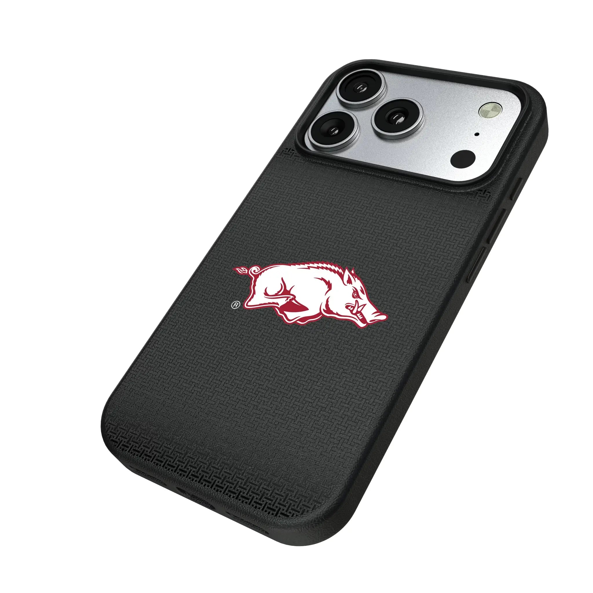 University of Arkansas Fayetteville Razorbacks Linen iPhone MagSafe Compatible Phone Case for Apple iPhone - Isometric View#Device_iPhone 17 Pro