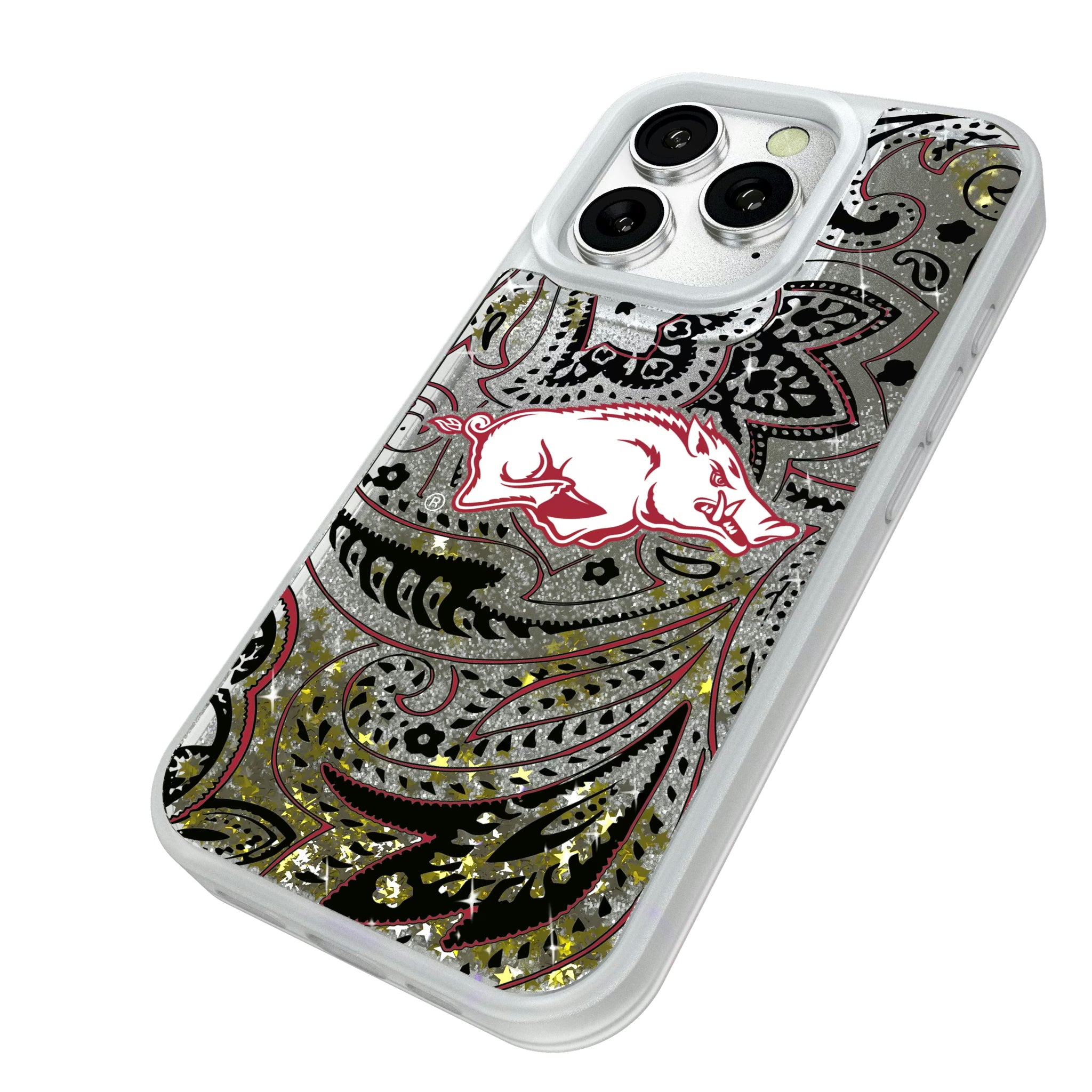 University of Arkansas Fayetteville Razorbacks Paisley iPhone Glitter Phone Case for Apple iPhone - Isometric View#Device_iPhone 16 Pro