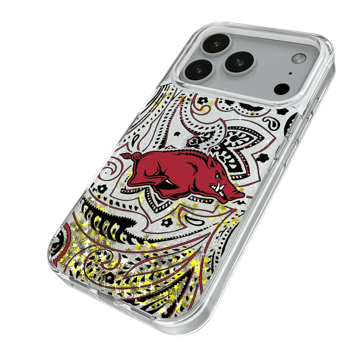 University of Arkansas Fayetteville Razorbacks Paisley iPhone Glitter Phone Case for Apple iPhone - Isometric View#Device_iPhone 18 Pro