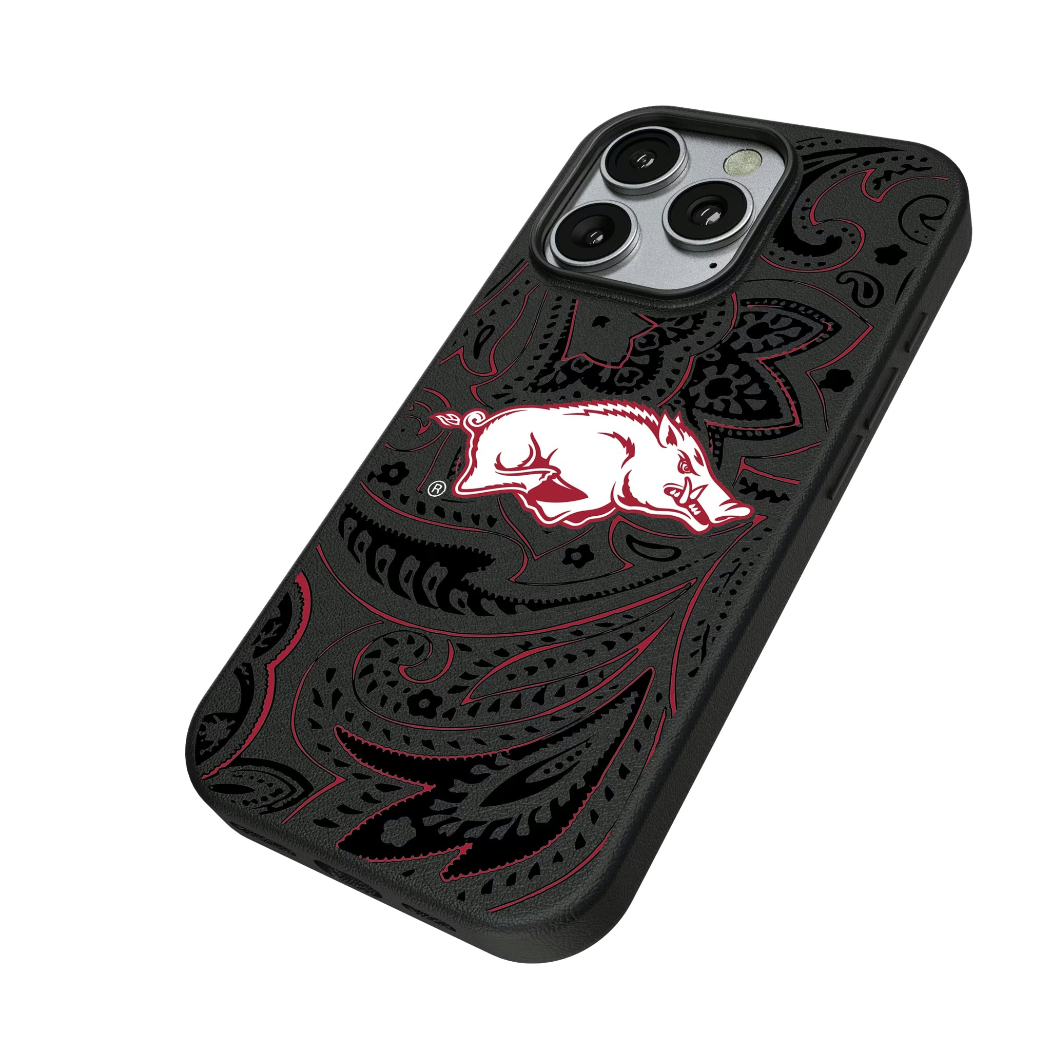 University of Arkansas Fayetteville Razorbacks Paisley iPhone MagSafe Compatible Phone Case for Apple iPhone - Isometric View
