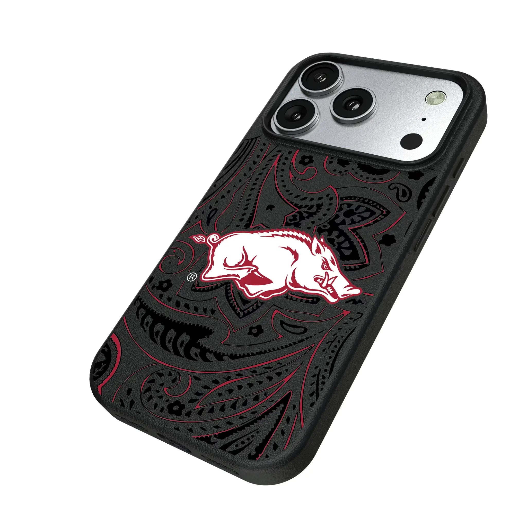 University of Arkansas Fayetteville Razorbacks Paisley iPhone MagSafe Compatible Phone Case for Apple iPhone - Isometric View#Device_iPhone 17 Pro