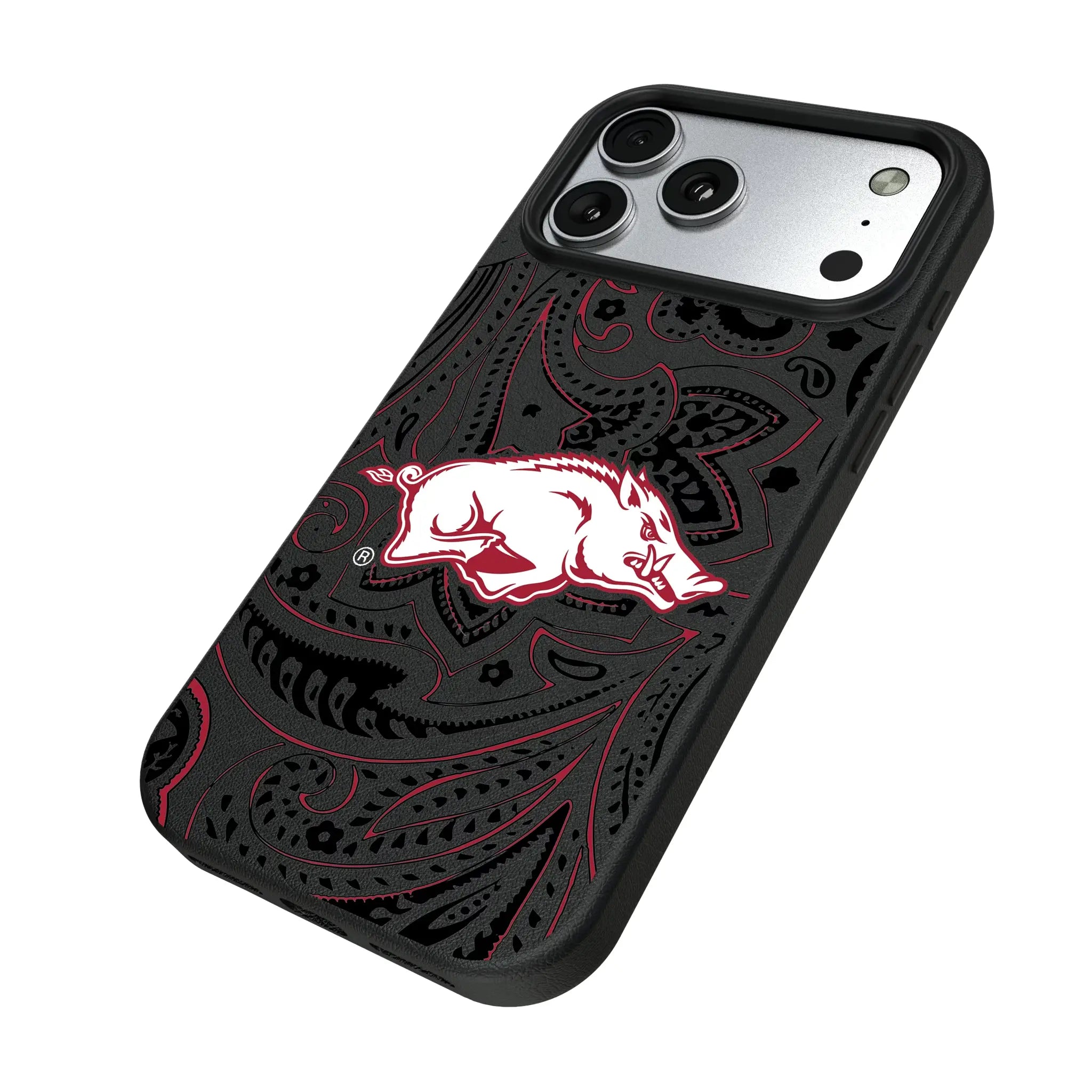 University of Arkansas Fayetteville Razorbacks Paisley iPhone MagSafe Compatible Phone Case for Apple iPhone - Isometric View#Device_iPhone 17 Pro Max