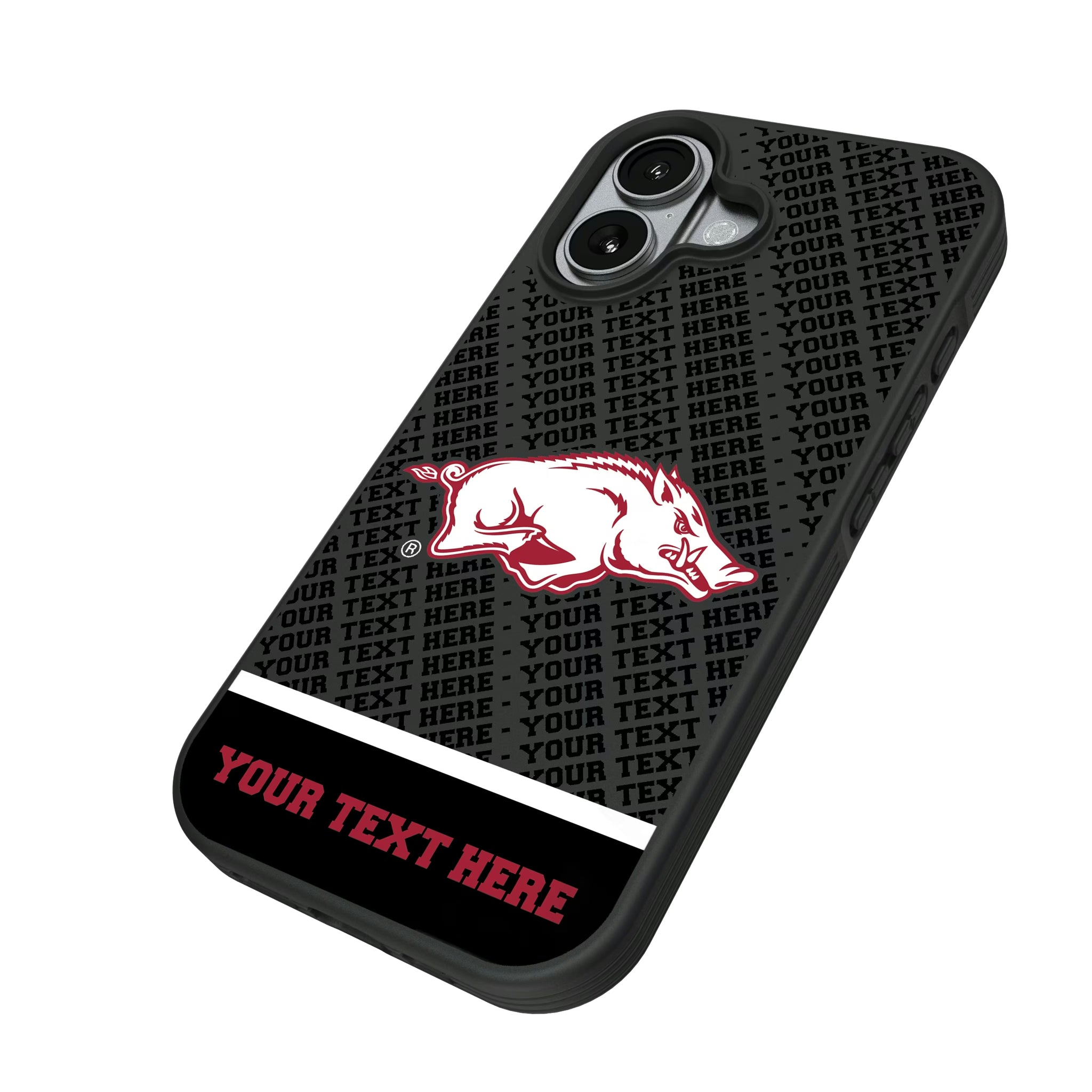 University of Arkansas Fayetteville Razorbacks Personalized EndZone Plus iPhone Bump Phone Case for Apple iPhone - Isometric View#Device_iPhone 17
