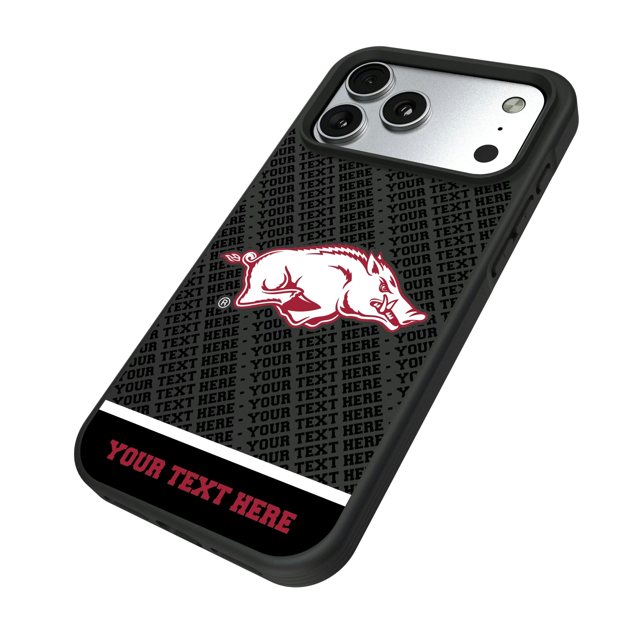 University of Arkansas Fayetteville Razorbacks Personalized EndZone Plus iPhone Bump Phone Case for Apple iPhone - Isometric View#Device_iPhone 17 Pro Max