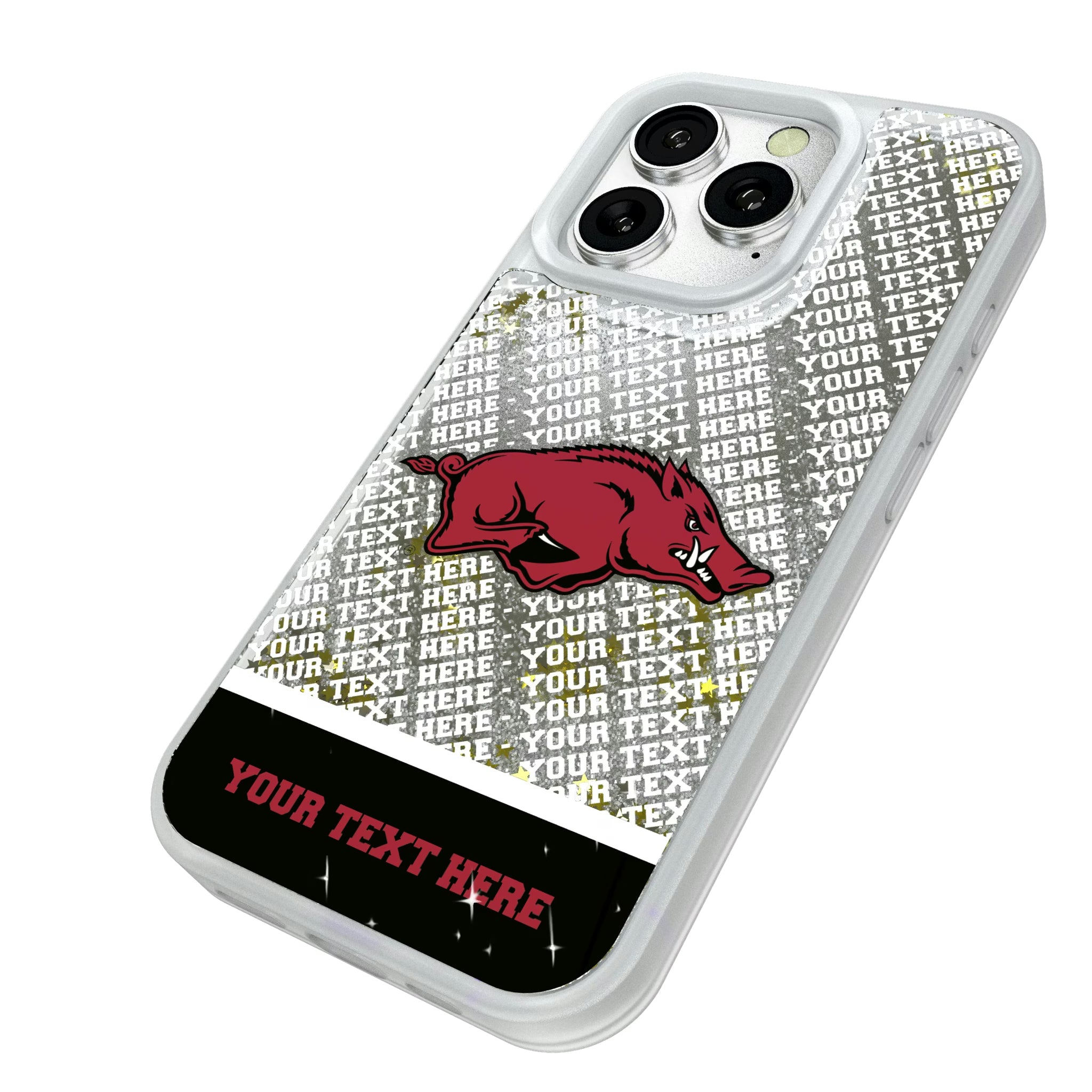 University of Arkansas Fayetteville Razorbacks Personalized EndZone Plus iPhone Glitter Phone Case for Apple iPhone - Isometric View#Device_iPhone 16 Pro