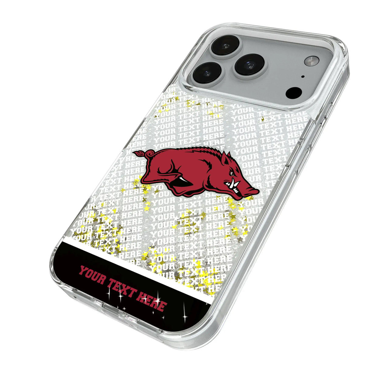 University of Arkansas Fayetteville Razorbacks Personalized EndZone Plus iPhone Glitter Phone Case for Apple iPhone - Isometric View#Device_iPhone 18 Pro