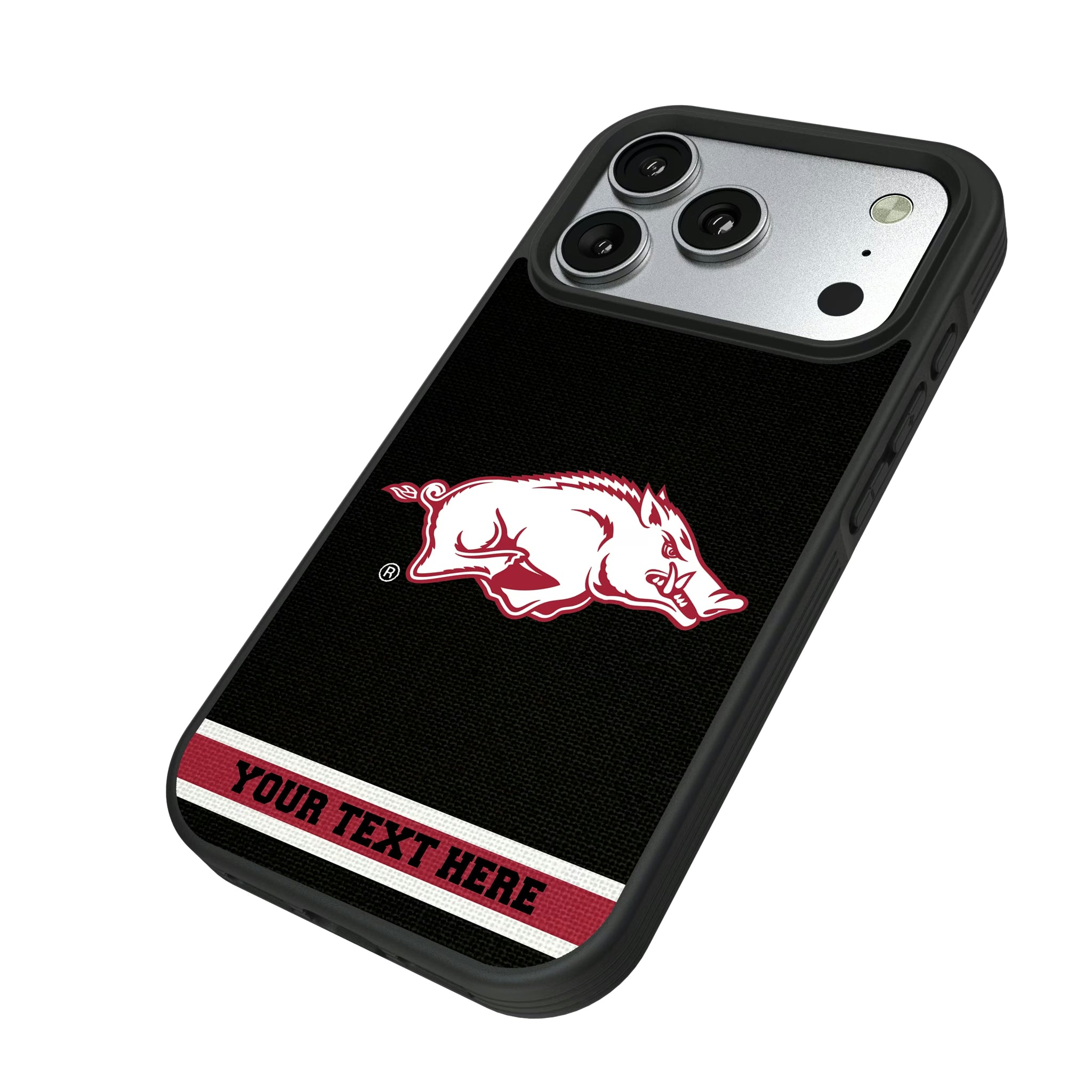 University of Arkansas Fayetteville Razorbacks Personalized Stripe iPhone Bump Phone Case for Apple iPhone - Isometric View#Device_iPhone 17 Pro