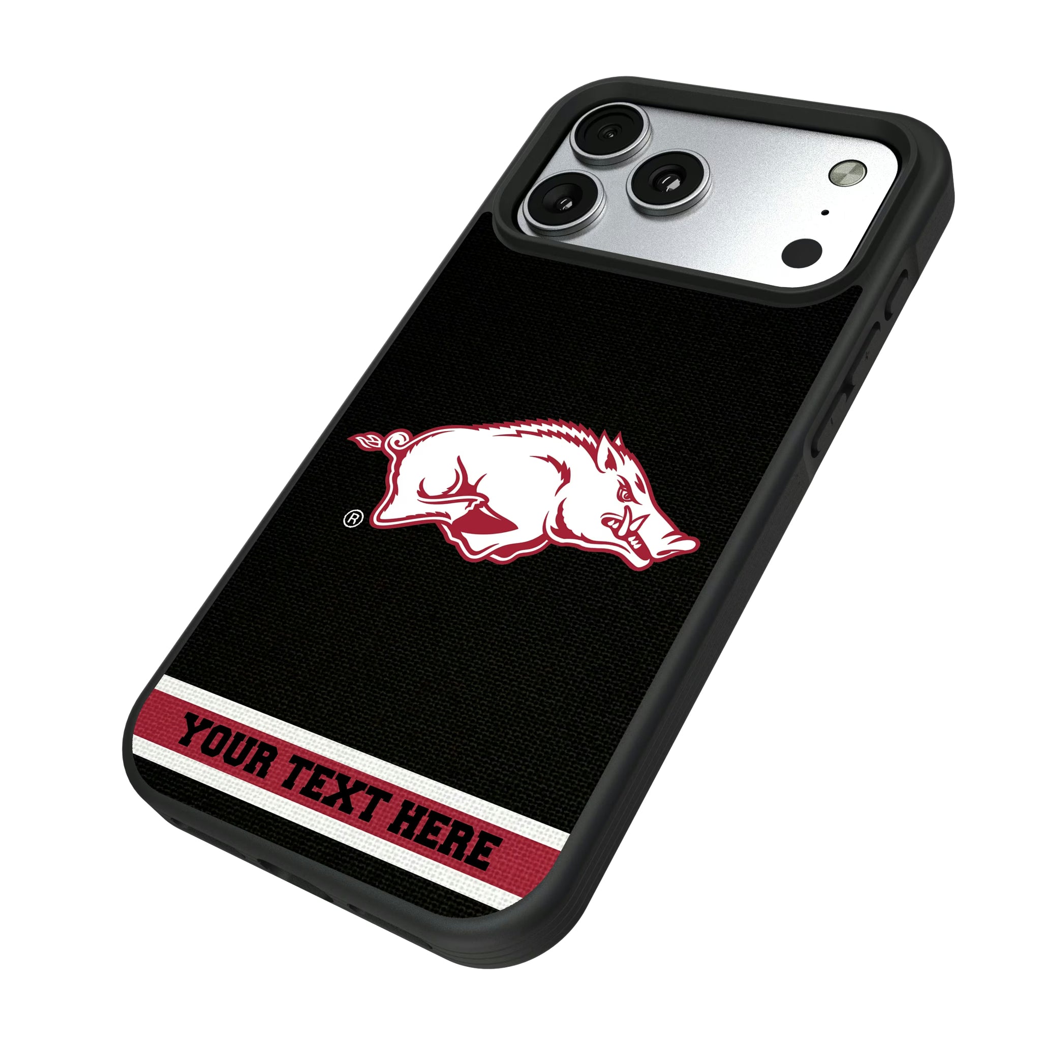 University of Arkansas Fayetteville Razorbacks Personalized Stripe iPhone Bump Phone Case for Apple iPhone - Isometric View#Device_iPhone 17 Pro Max