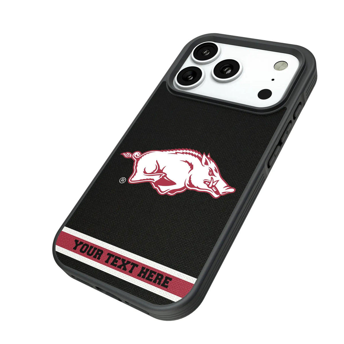 University of Arkansas Fayetteville Razorbacks Personalized Stripe iPhone Bump Phone Case for Apple iPhone - Isometric View#Device_iPhone 18 Pro