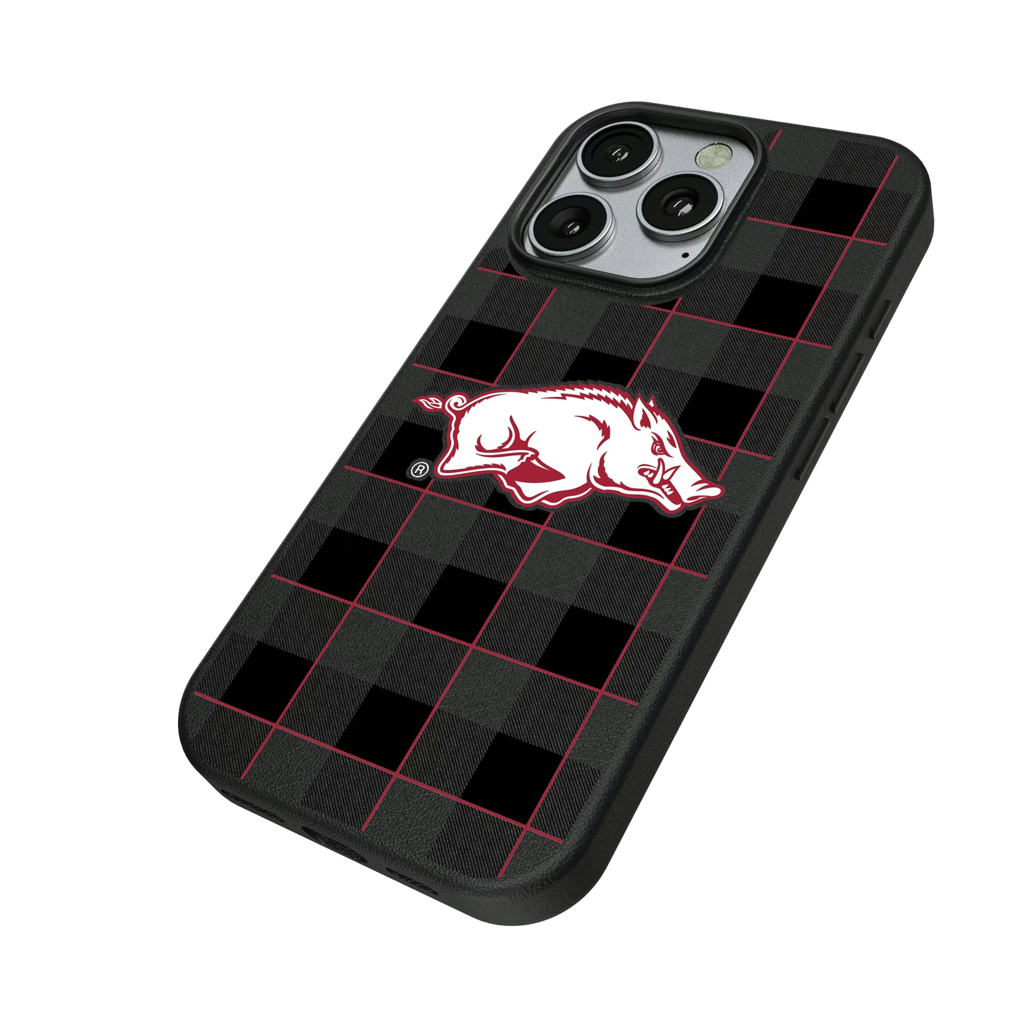 University of Arkansas Fayetteville Razorbacks Plaid iPhone MagSafe Compatible Phone Case for Apple iPhone - Isometric View