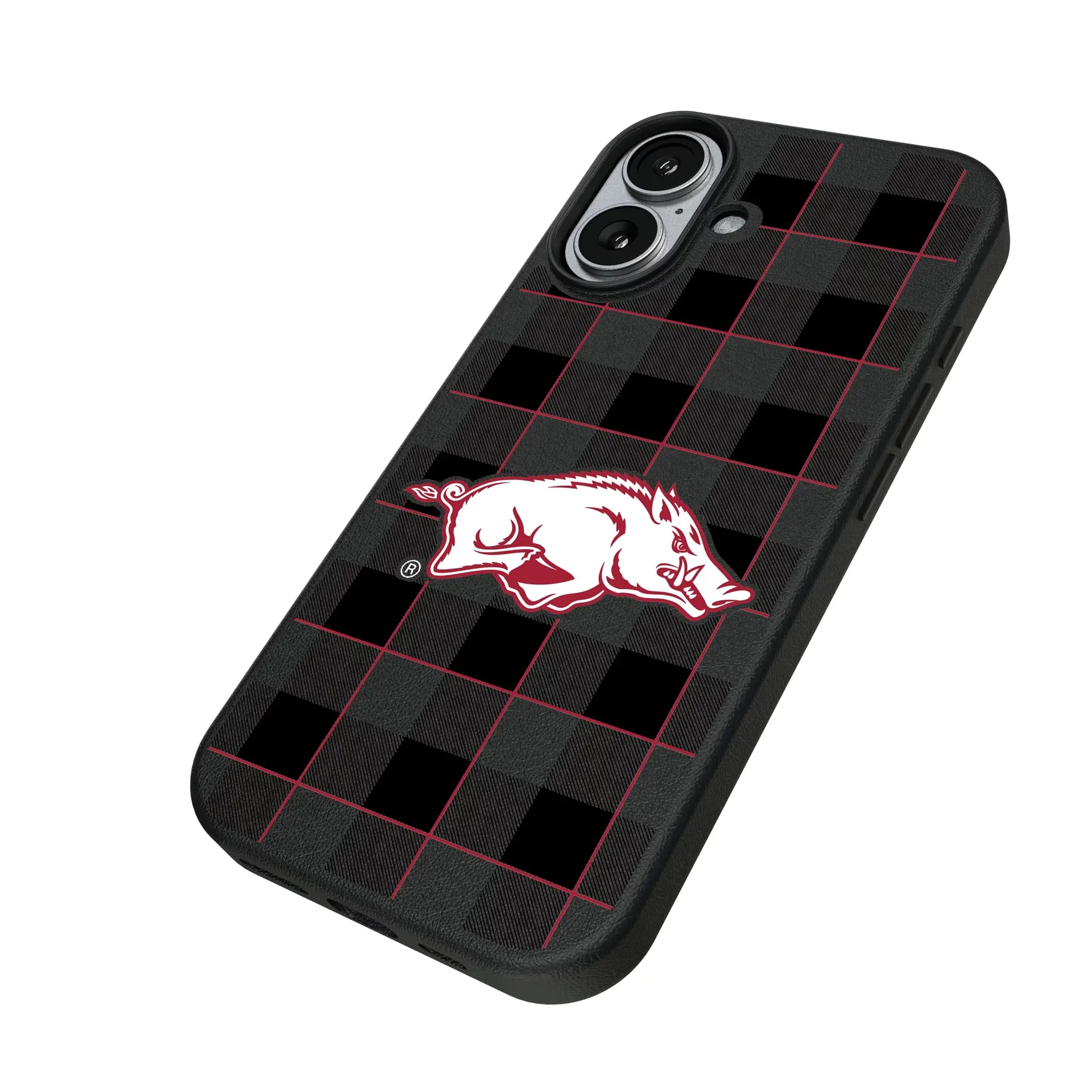 University of Arkansas Fayetteville Razorbacks Plaid iPhone MagSafe Compatible Phone Case for Apple iPhone - Isometric View#Device_iPhone 17