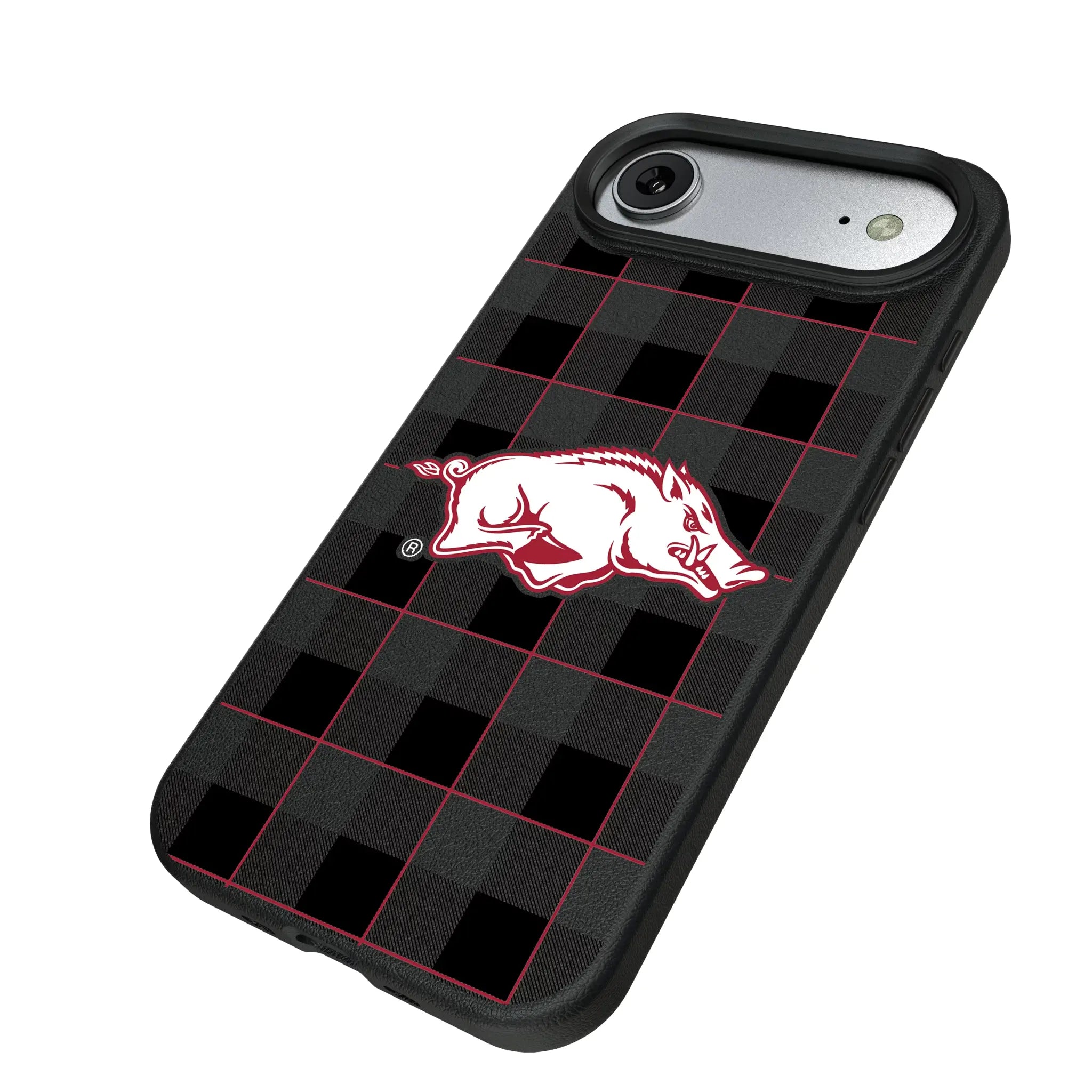 University of Arkansas Fayetteville Razorbacks Plaid iPhone MagSafe Compatible Phone Case for Apple iPhone - Isometric View#Device_iPhone Air