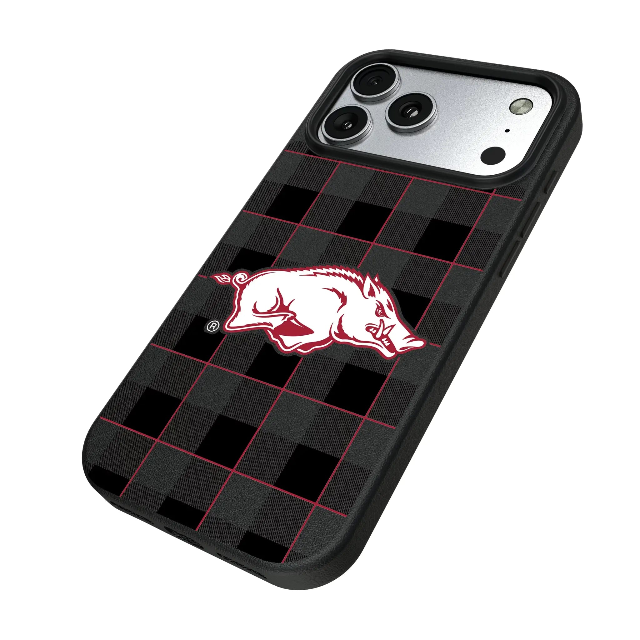 University of Arkansas Fayetteville Razorbacks Plaid iPhone MagSafe Compatible Phone Case for Apple iPhone - Isometric View#Device_iPhone 17 Pro Max