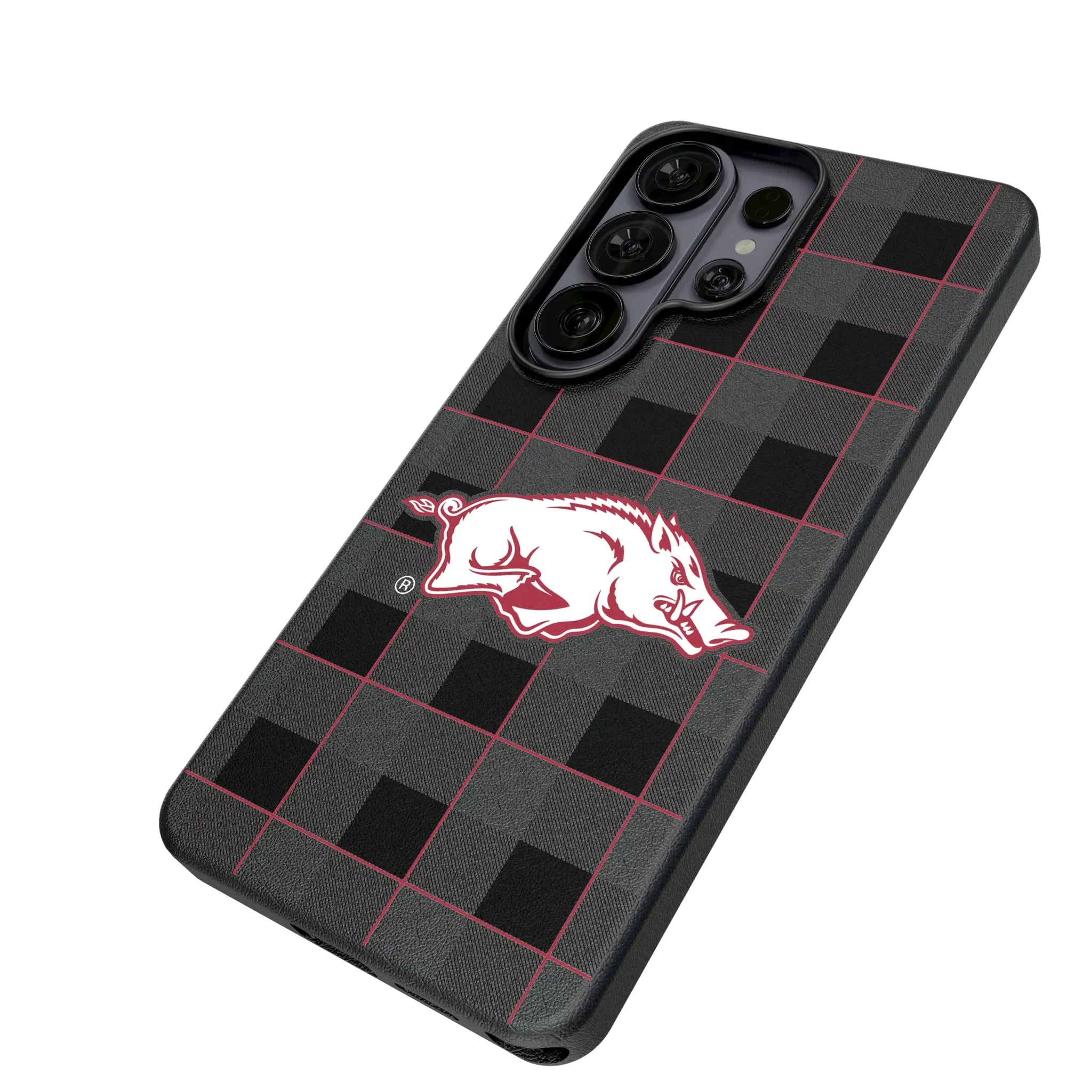 University of Arkansas Fayetteville Razorbacks Plaid Galaxy MagSafe Compatible Phone Case for Samsung Galaxy - Isometric View#Device_Galaxy S26 Ultra