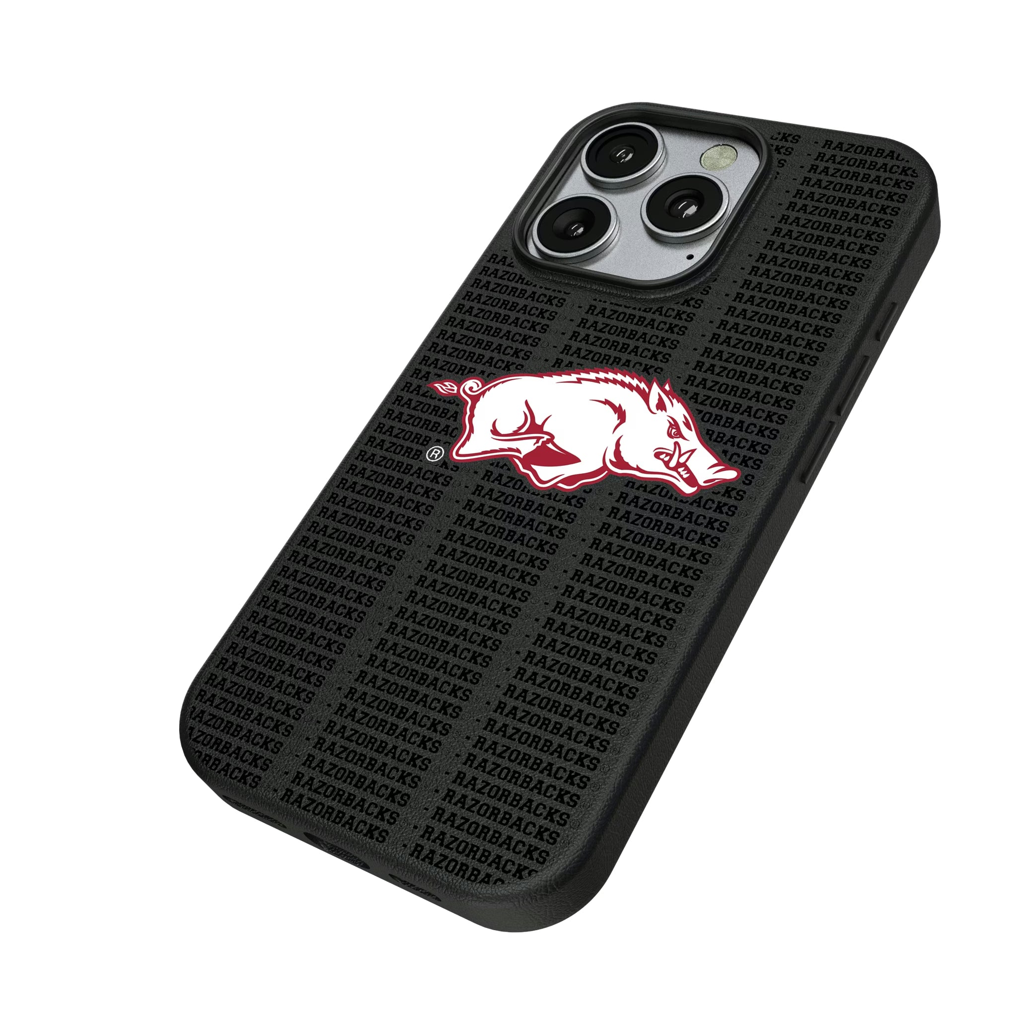 University of Arkansas Fayetteville Razorbacks Text Backdrop iPhone MagSafe Compatible Phone Case for Apple iPhone - Isometric View